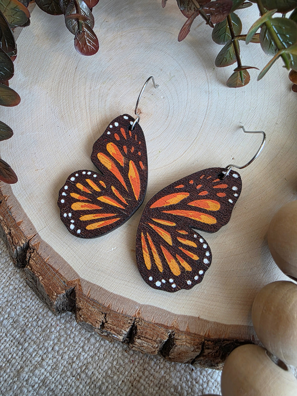 Monarch Butterfly Wing Wood Earrings