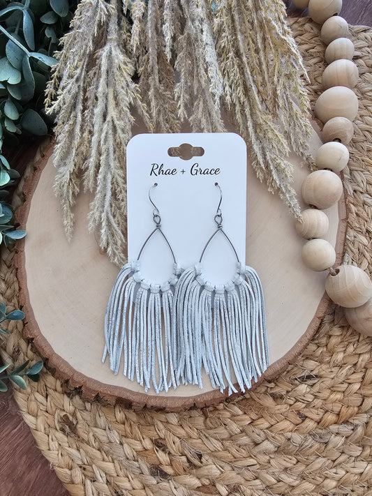 White & Silver Leather Fringe Statement Earrings