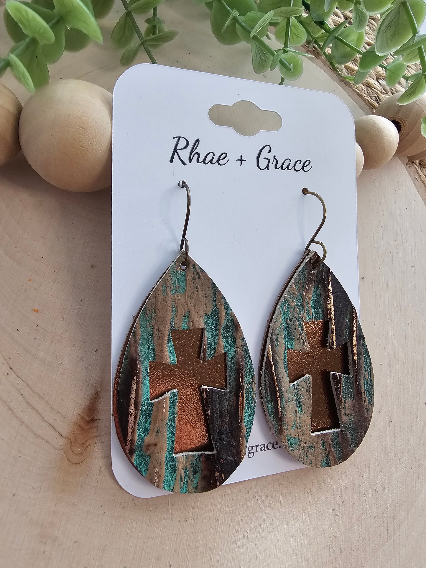 Rustic Teal Beachwood & Bronze Layered Cross Teardrop Earrings