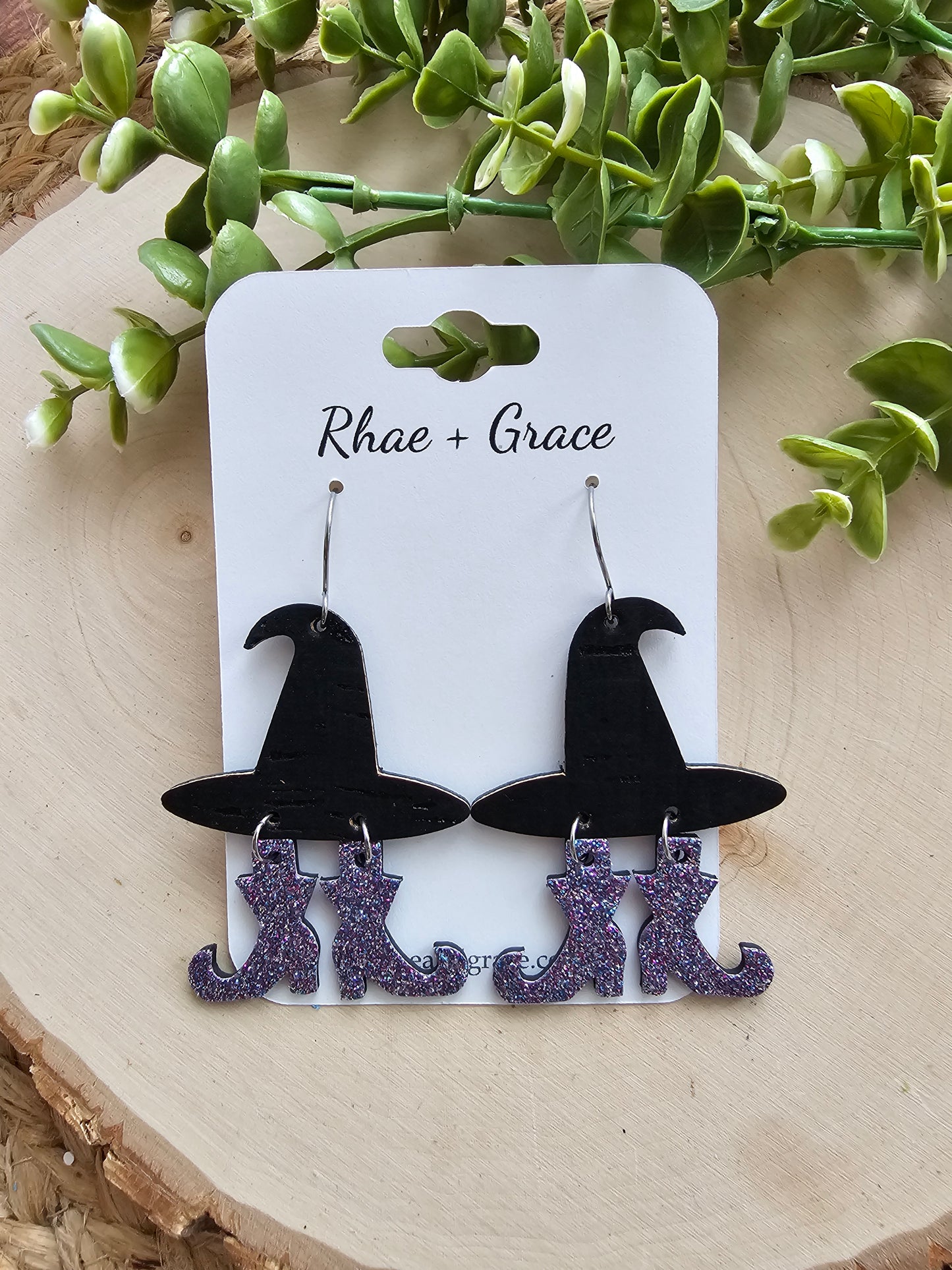 Witch Hat Purple Glitter Boots Earrings
