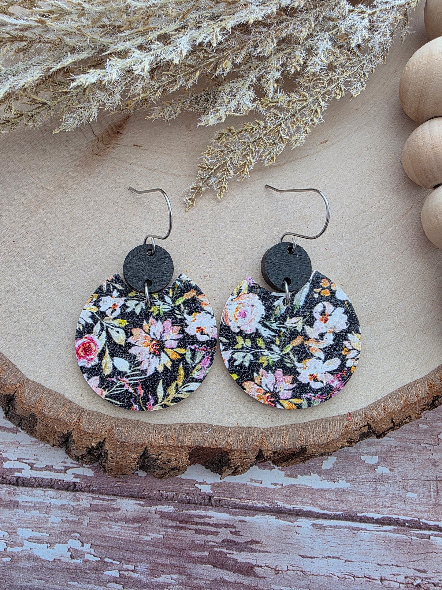 Autumn Dahlia on Black Circle Earrings