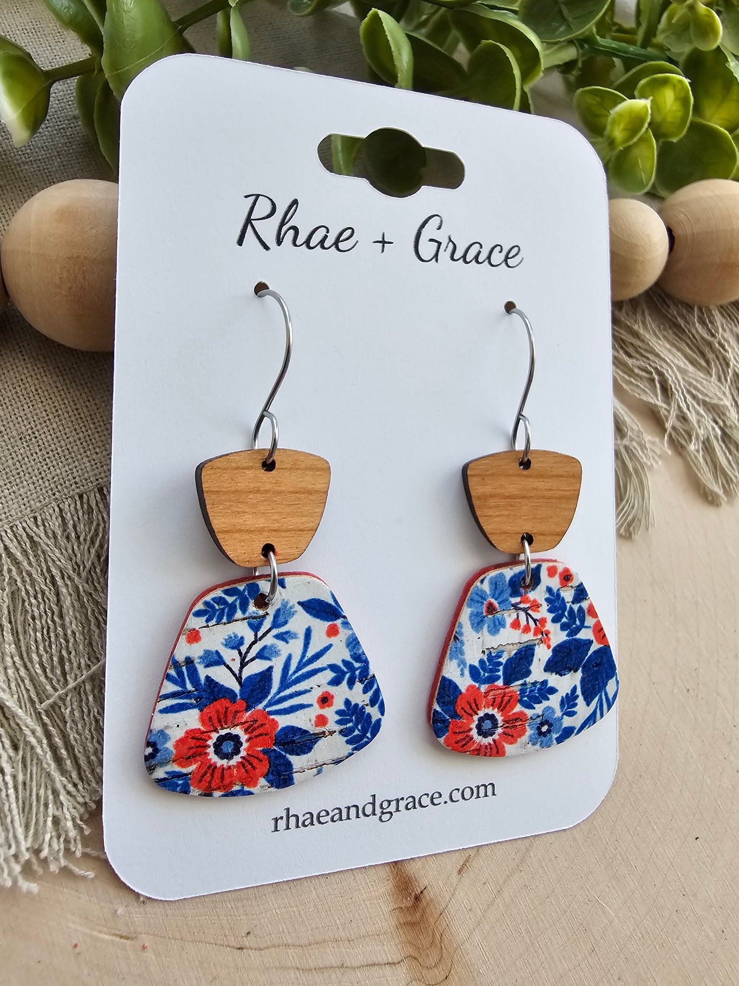 Red, White & Blue Floral Rounded Trapezoid Earrings