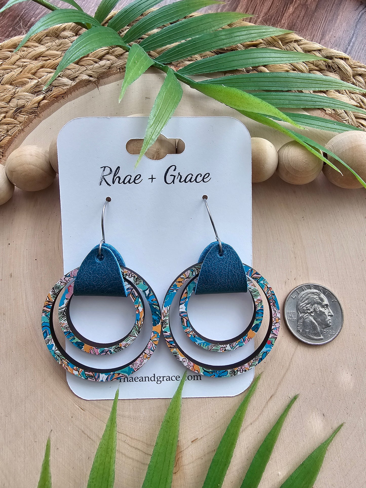 Tropical Leather & Wood Hoop Earrings