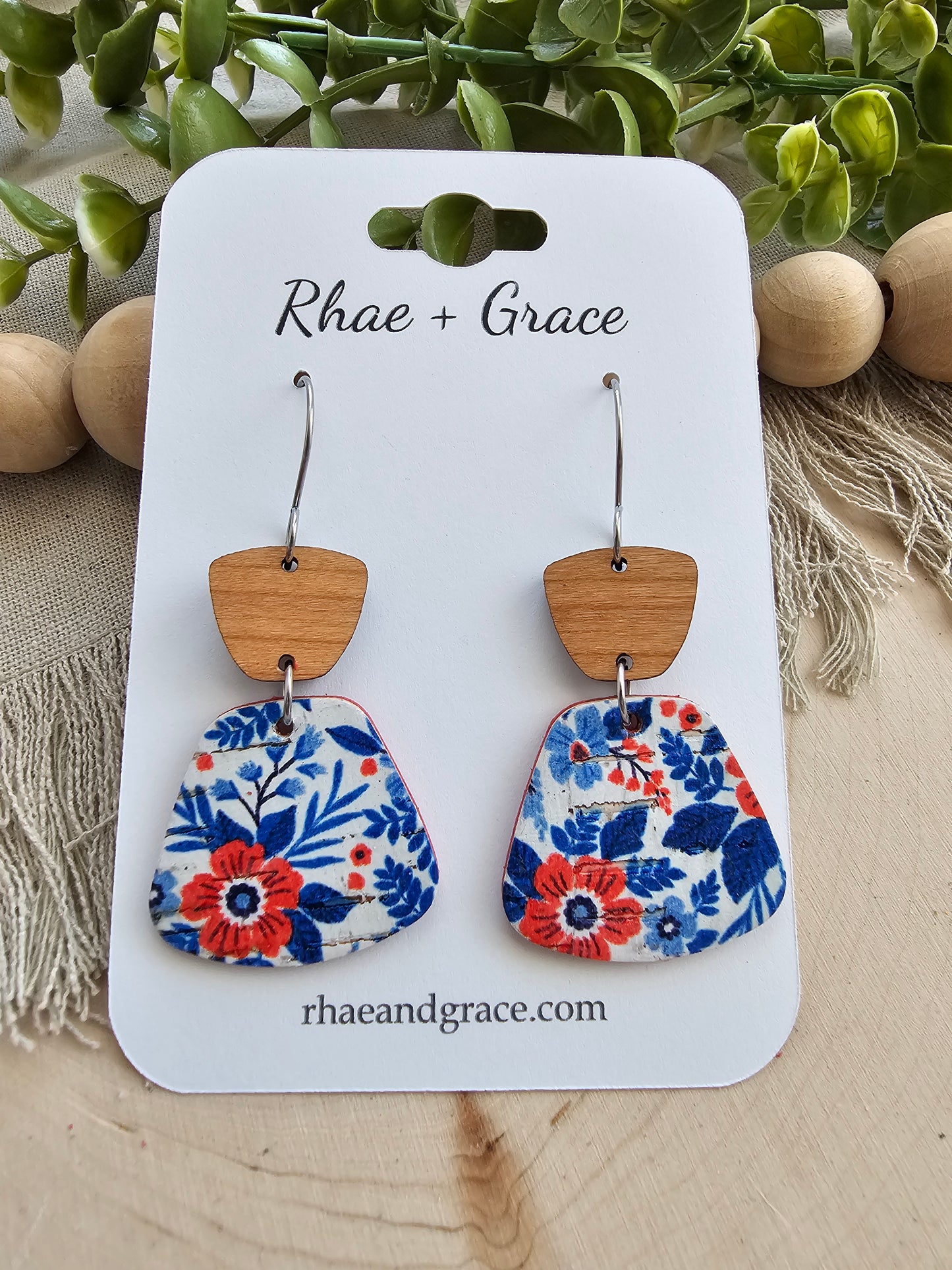 Red, White & Blue Floral Rounded Trapezoid Earrings