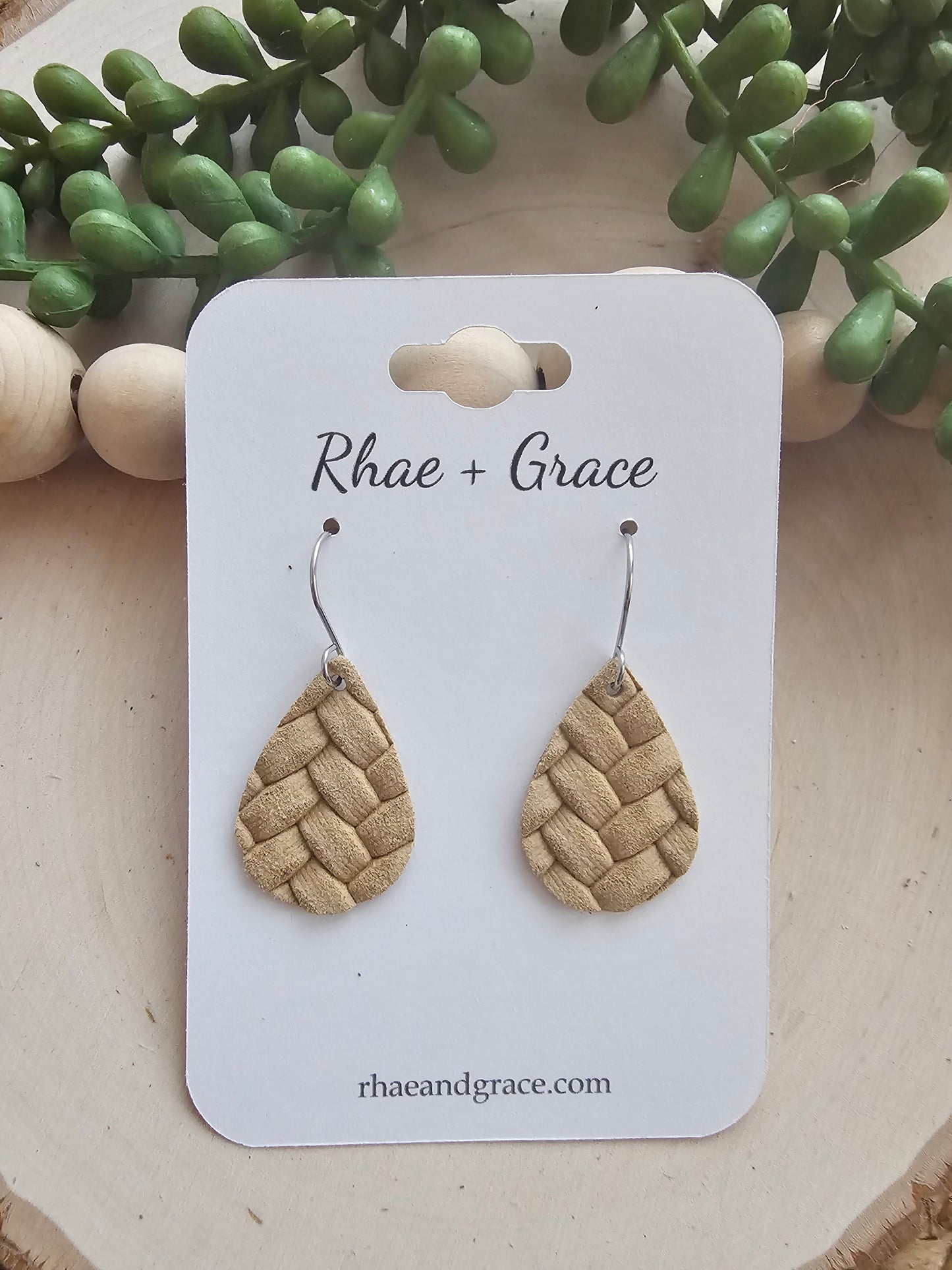 Sand Tan Box Braid Teardrop Earrings - Small