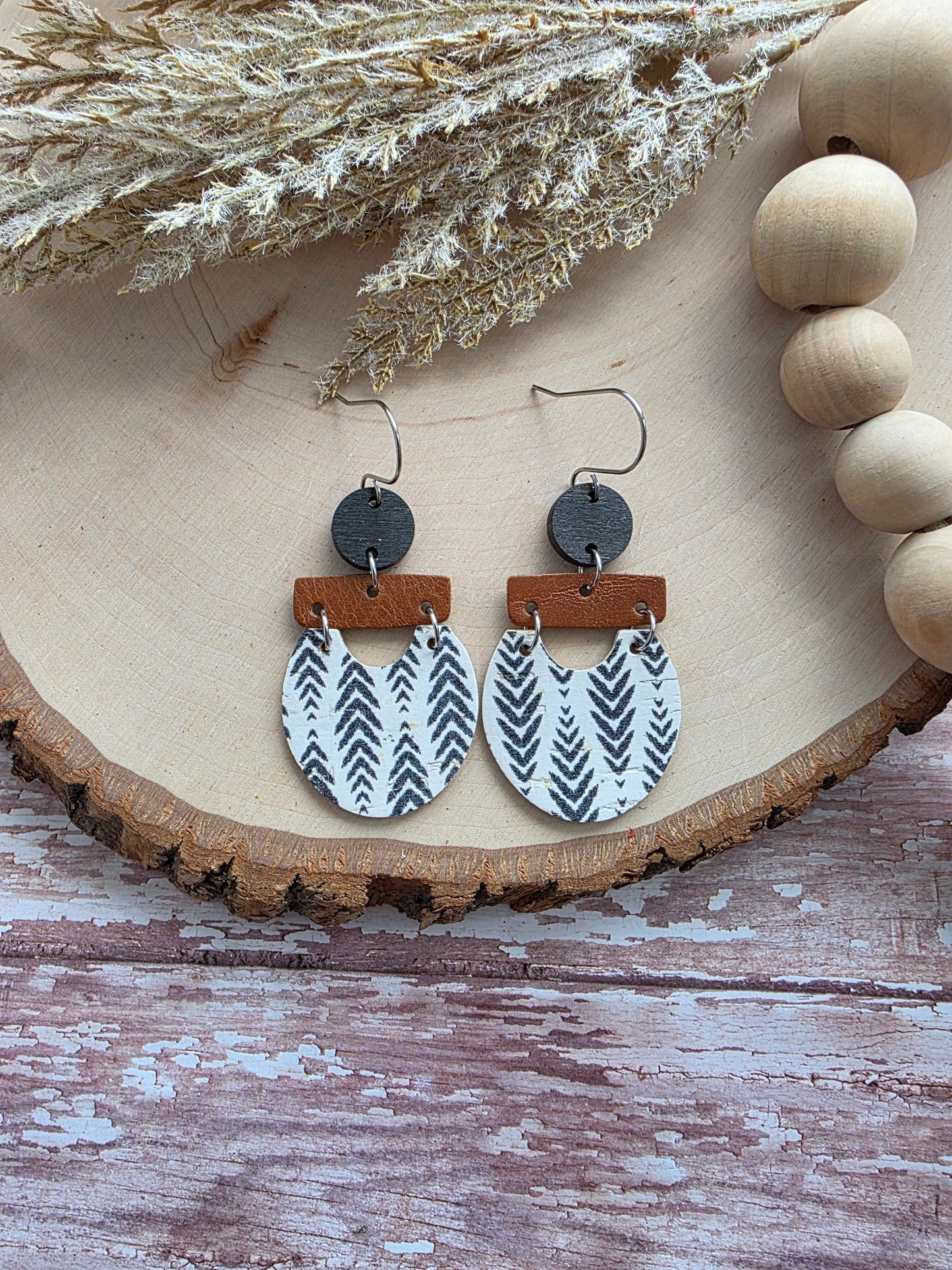 Boho Black, White & Brown Herringbone Earrings