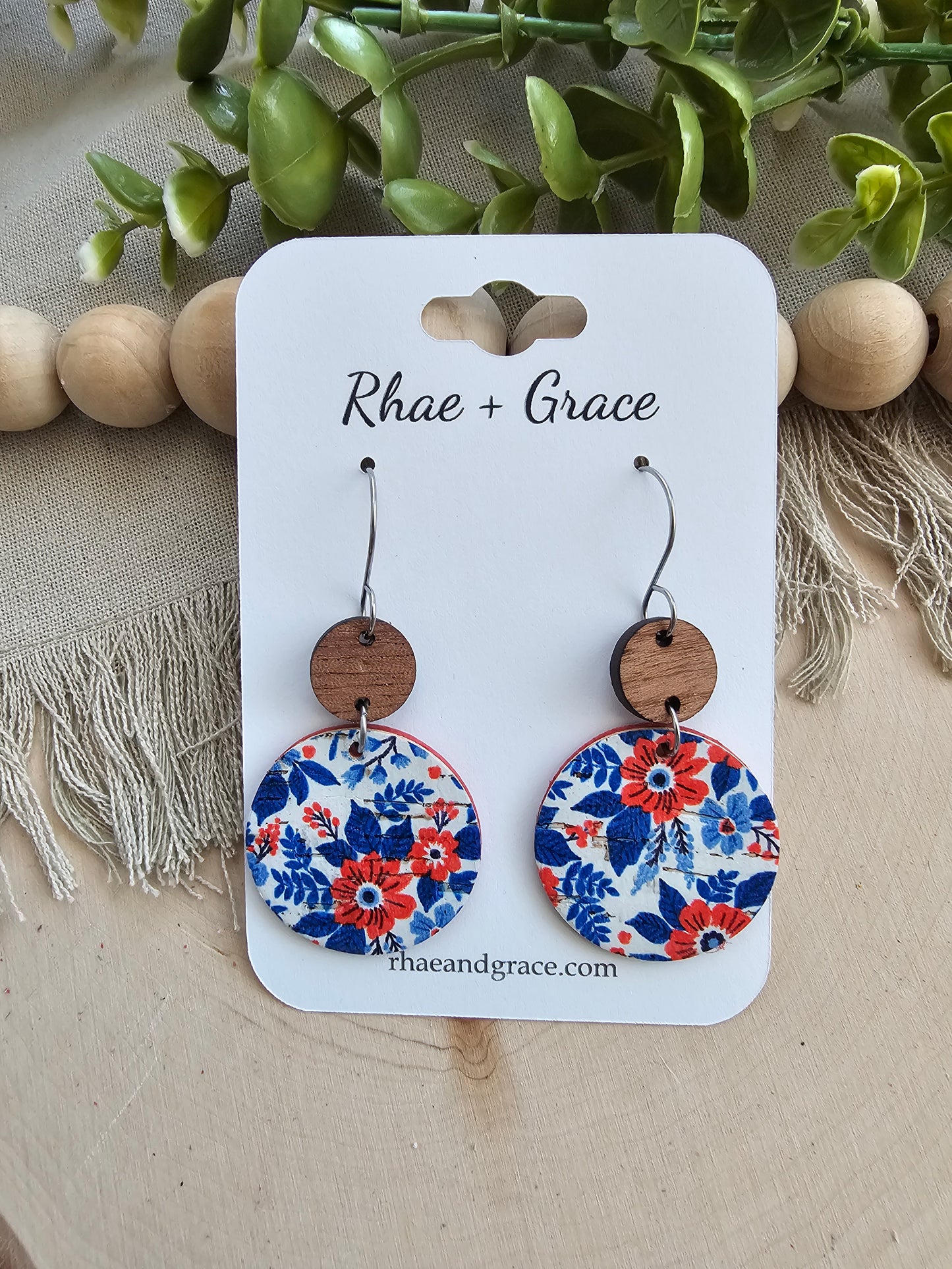 Red, White & Blue Floral Circle Drop Earrings