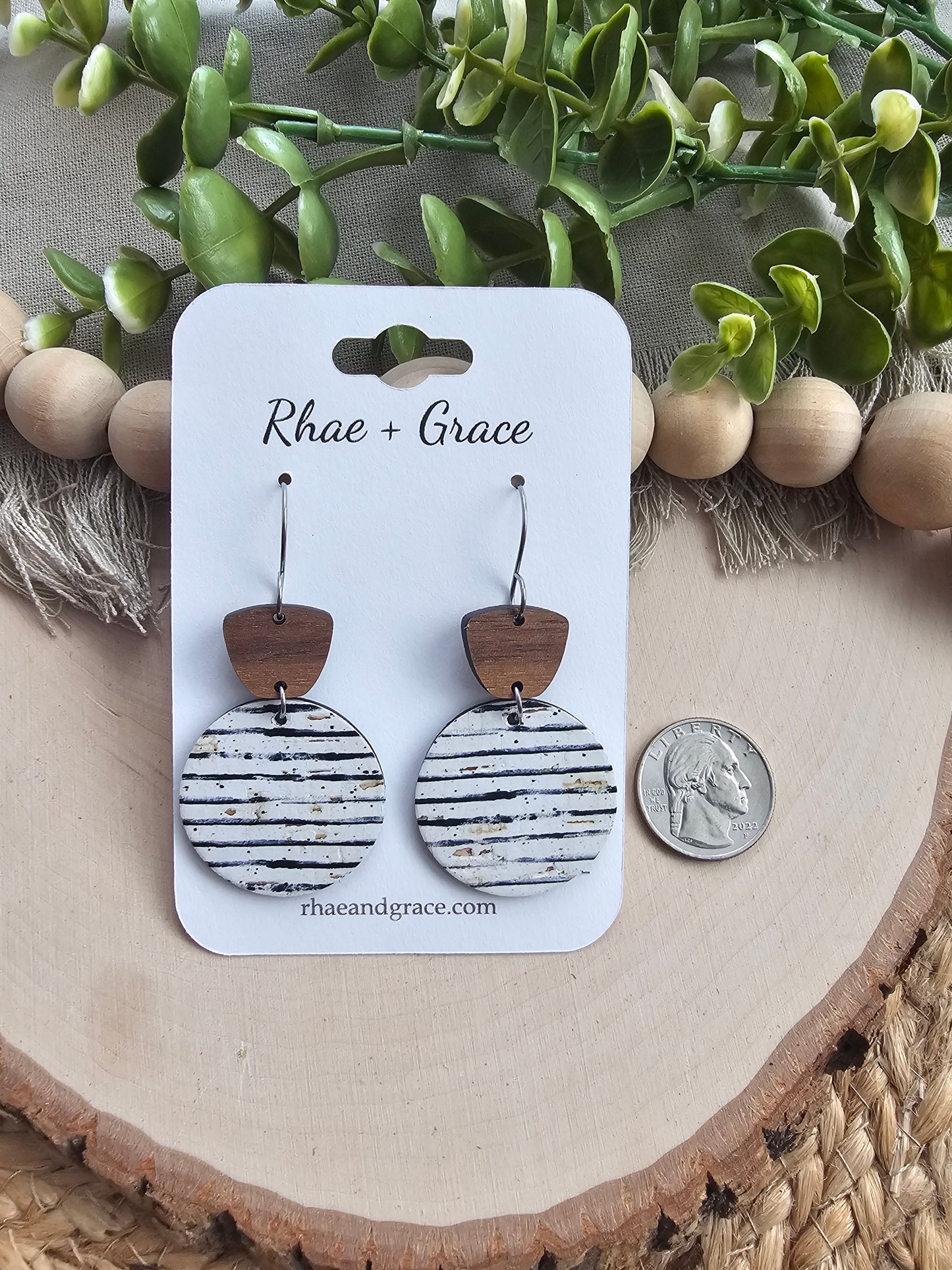 Black & White Vintage Pinstripe Circle Drop Earrings