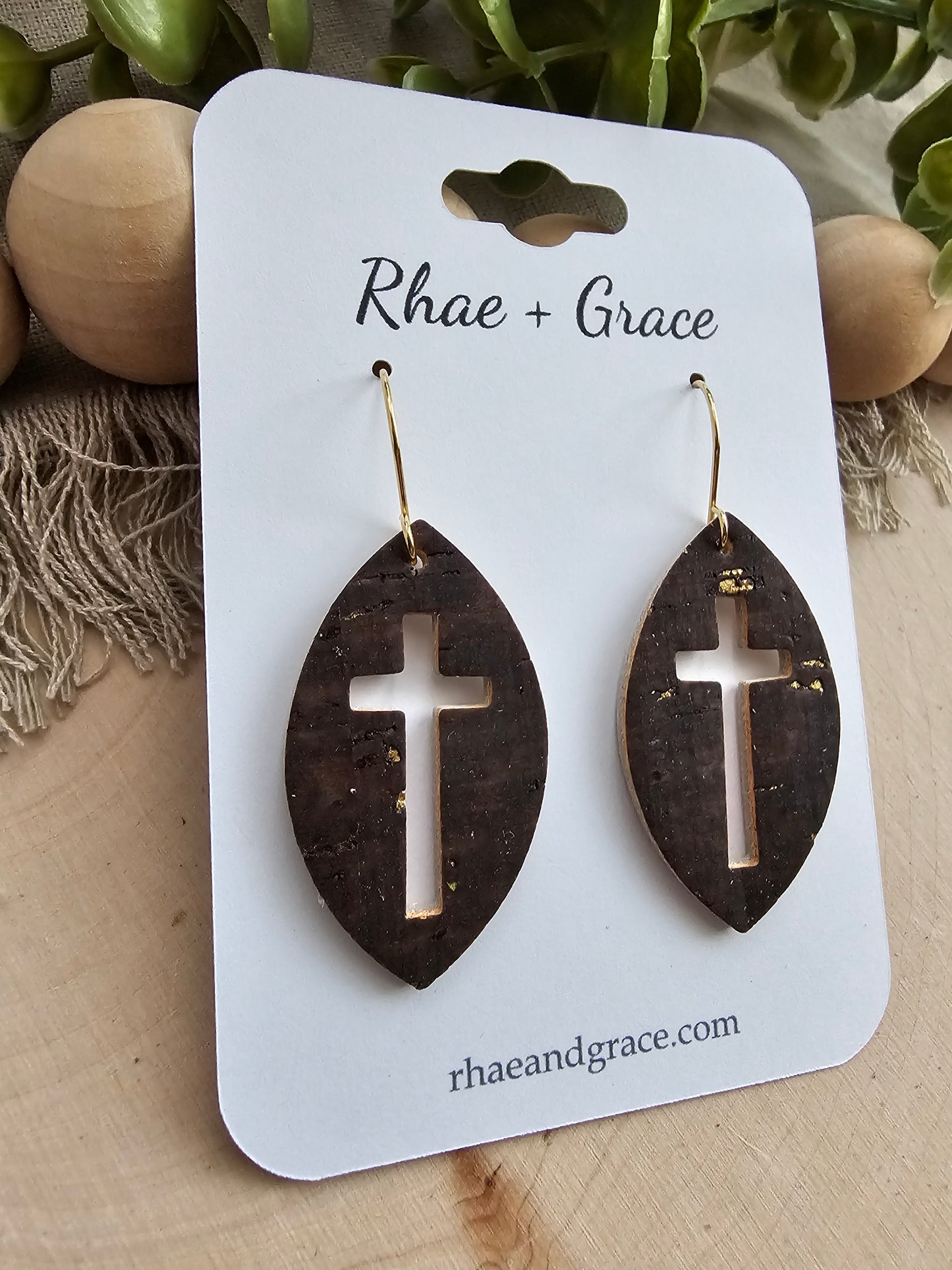 Brown & Gold Cross Cutout Leaf Earrings