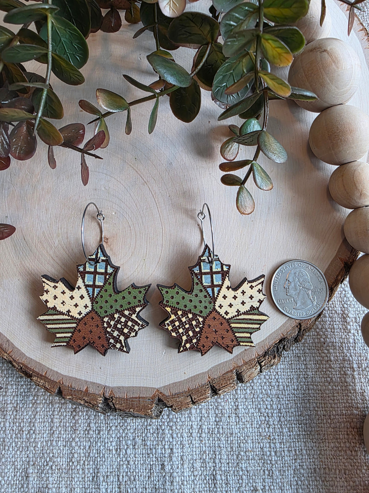 Patchwork Maple Leaf Wood Earrings - Blue/Green