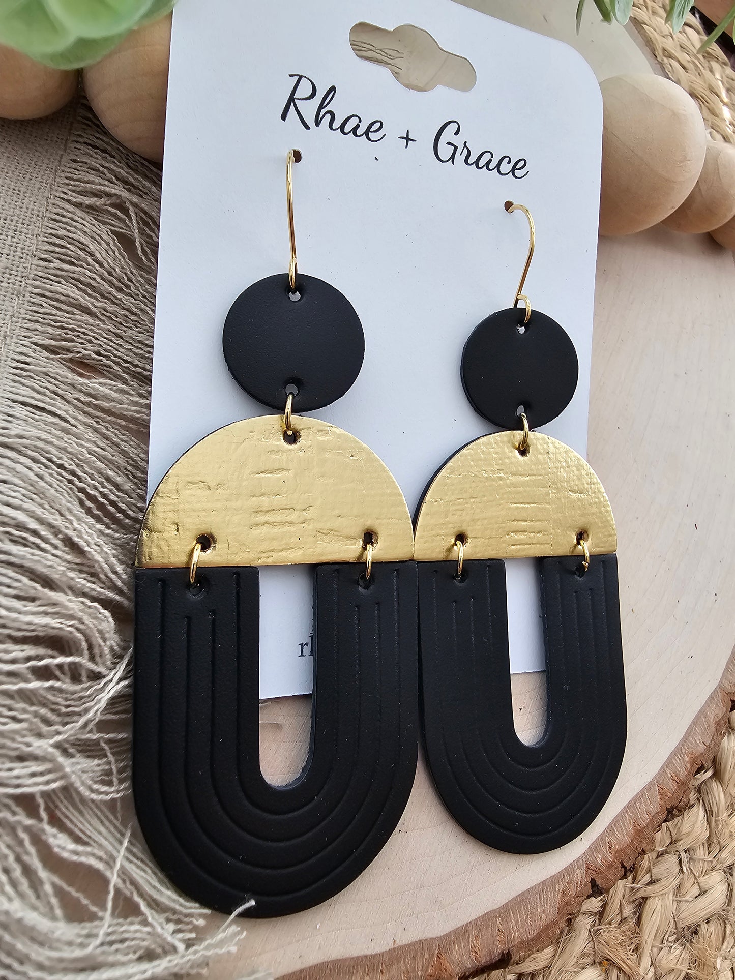 Black & Gold Embossed Extra Large "U" Earrings