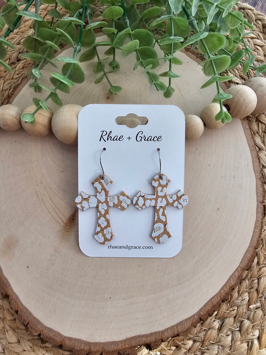 White Leopard Print Cross Earrings