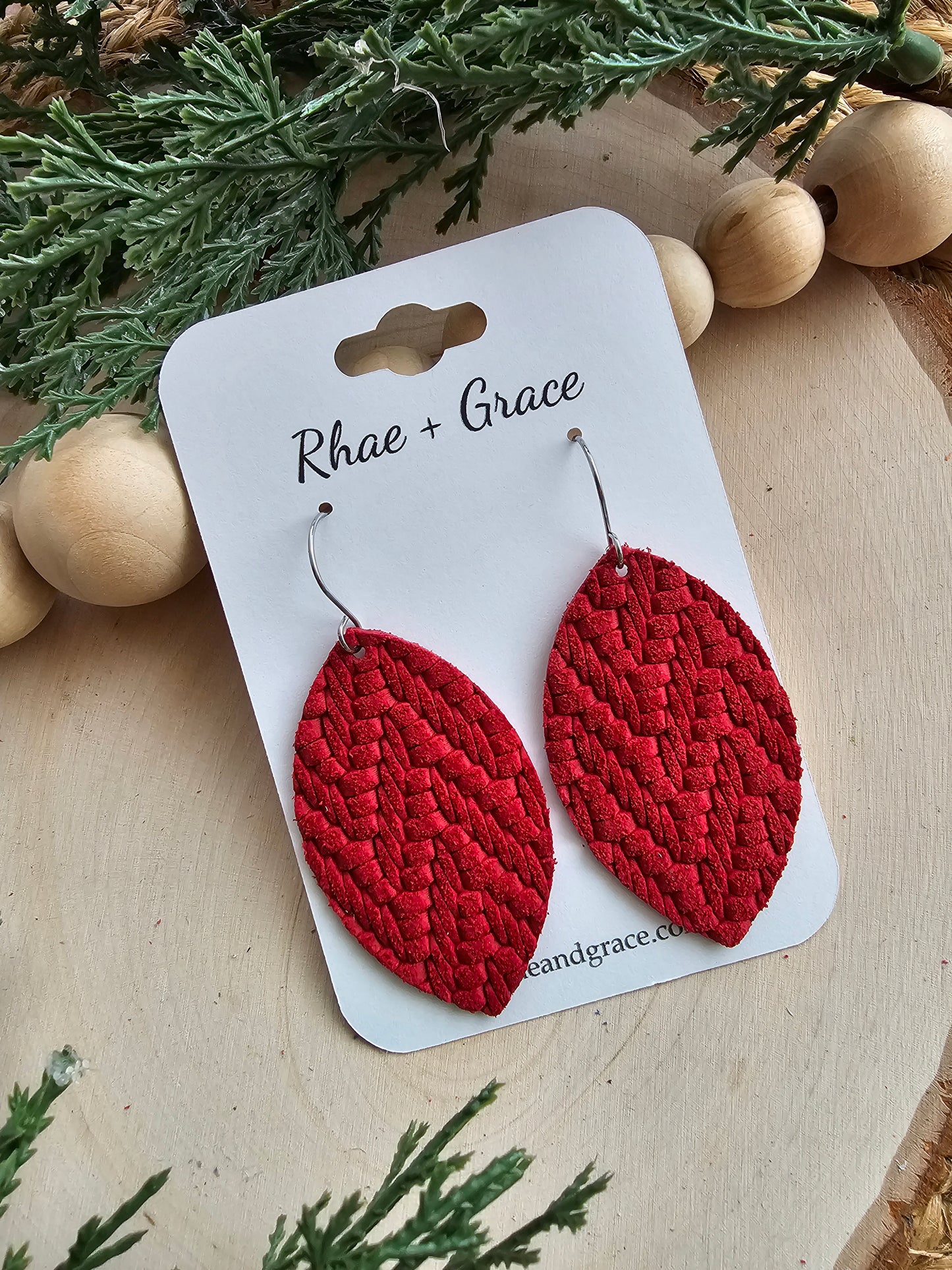 Red Knit Leaf Leather Earrings