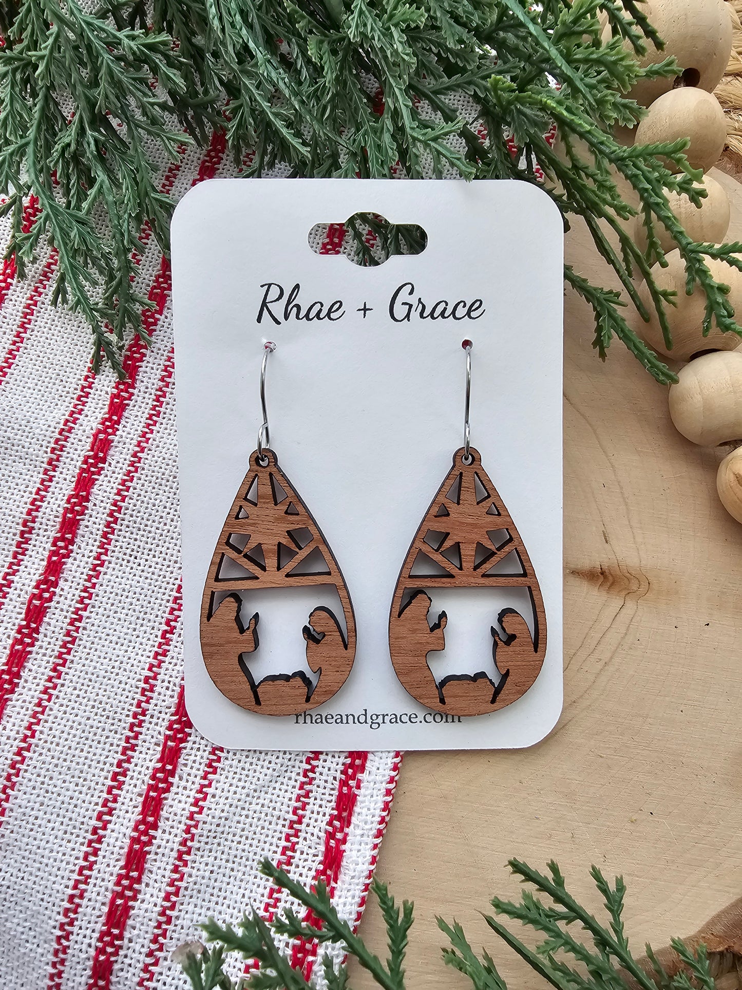 Nativity Silhouette Wood Teardrop Earrings