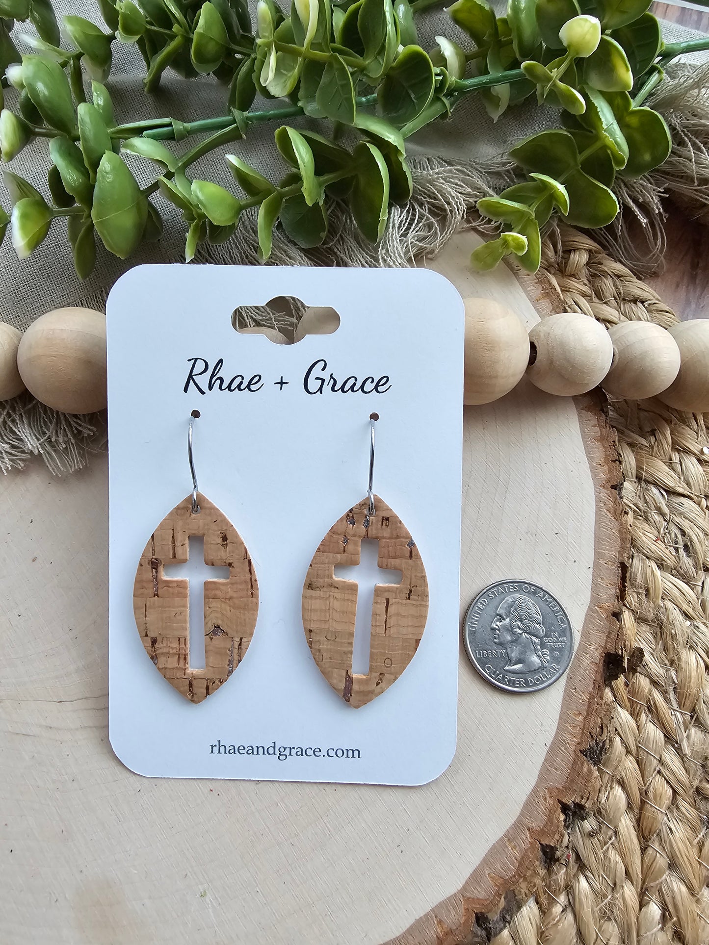 Natural Cork & Silver Cross Cutout Leaf Earrings