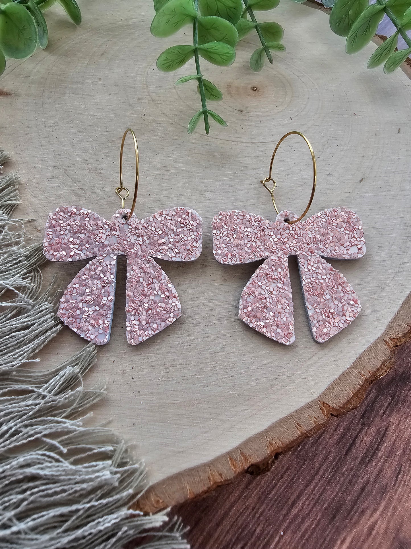 Soft Pink Glitter Bow Earrings