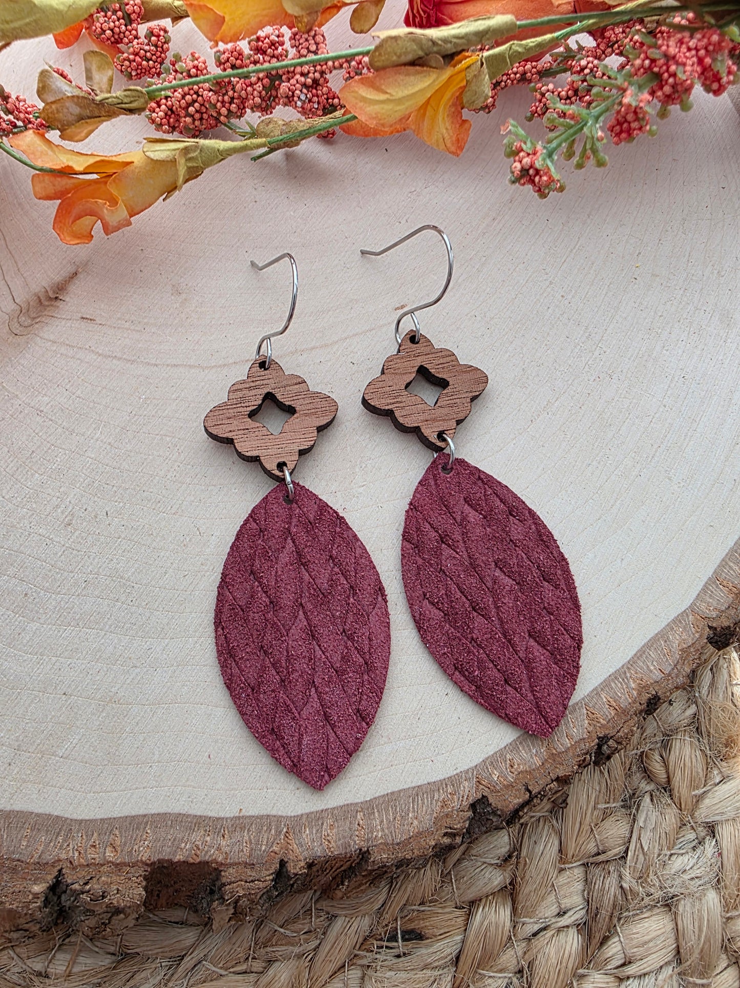 Merlot Red Leather Leaf Earrings