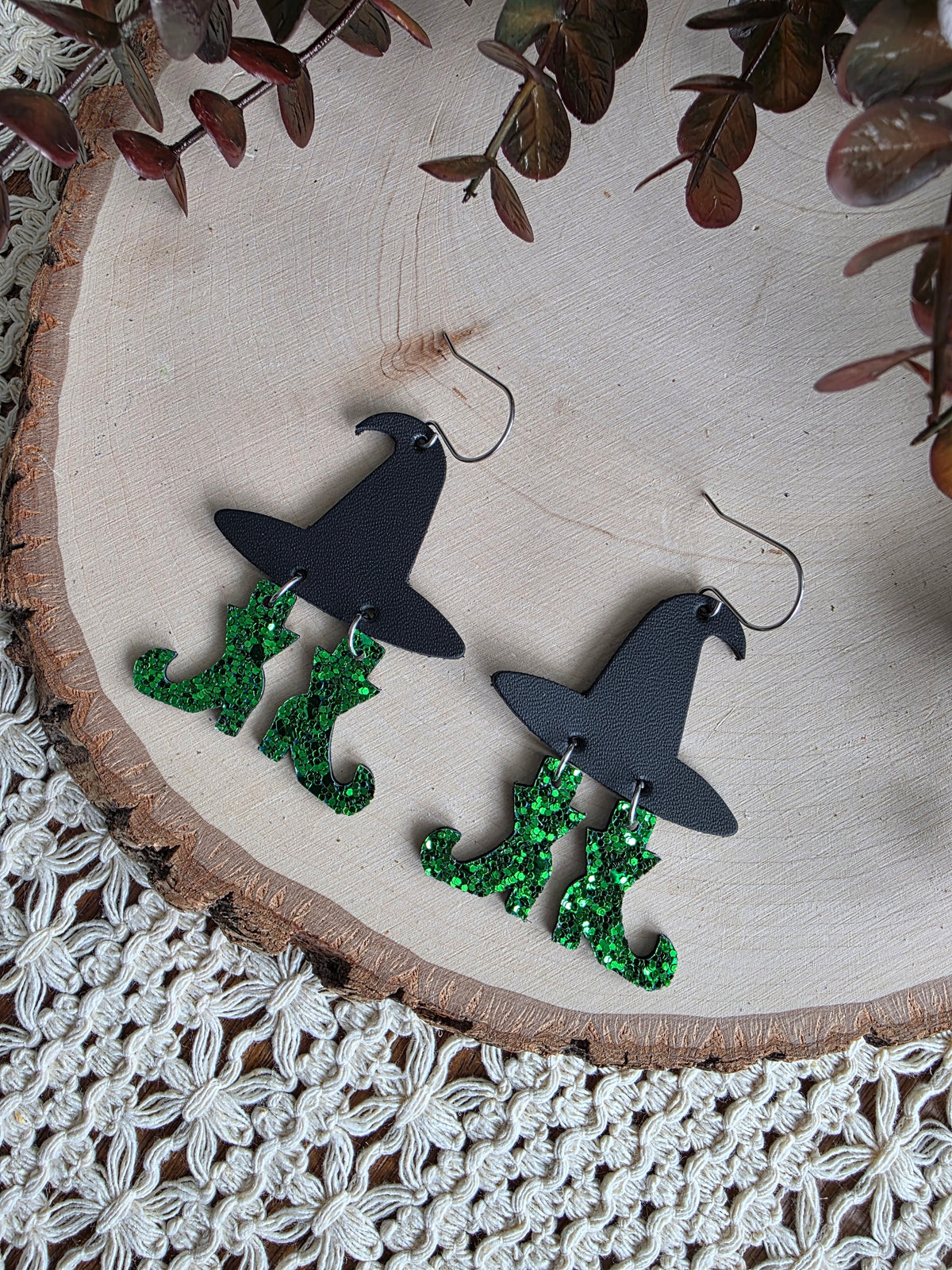 Witch Hat with Green Glitter Boots Earrings