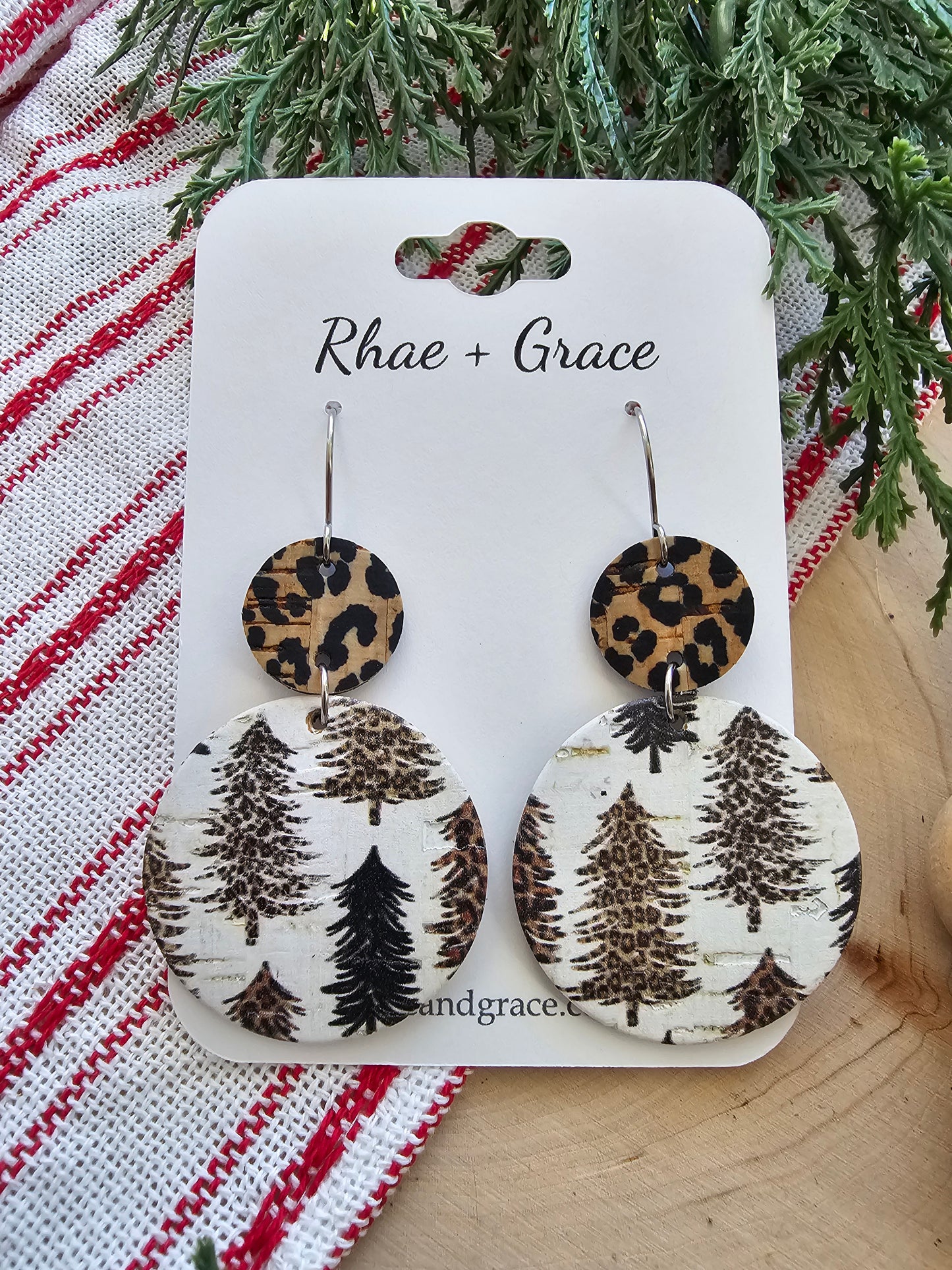 Leopard Print Christmas Tree Circle Drop Earrings