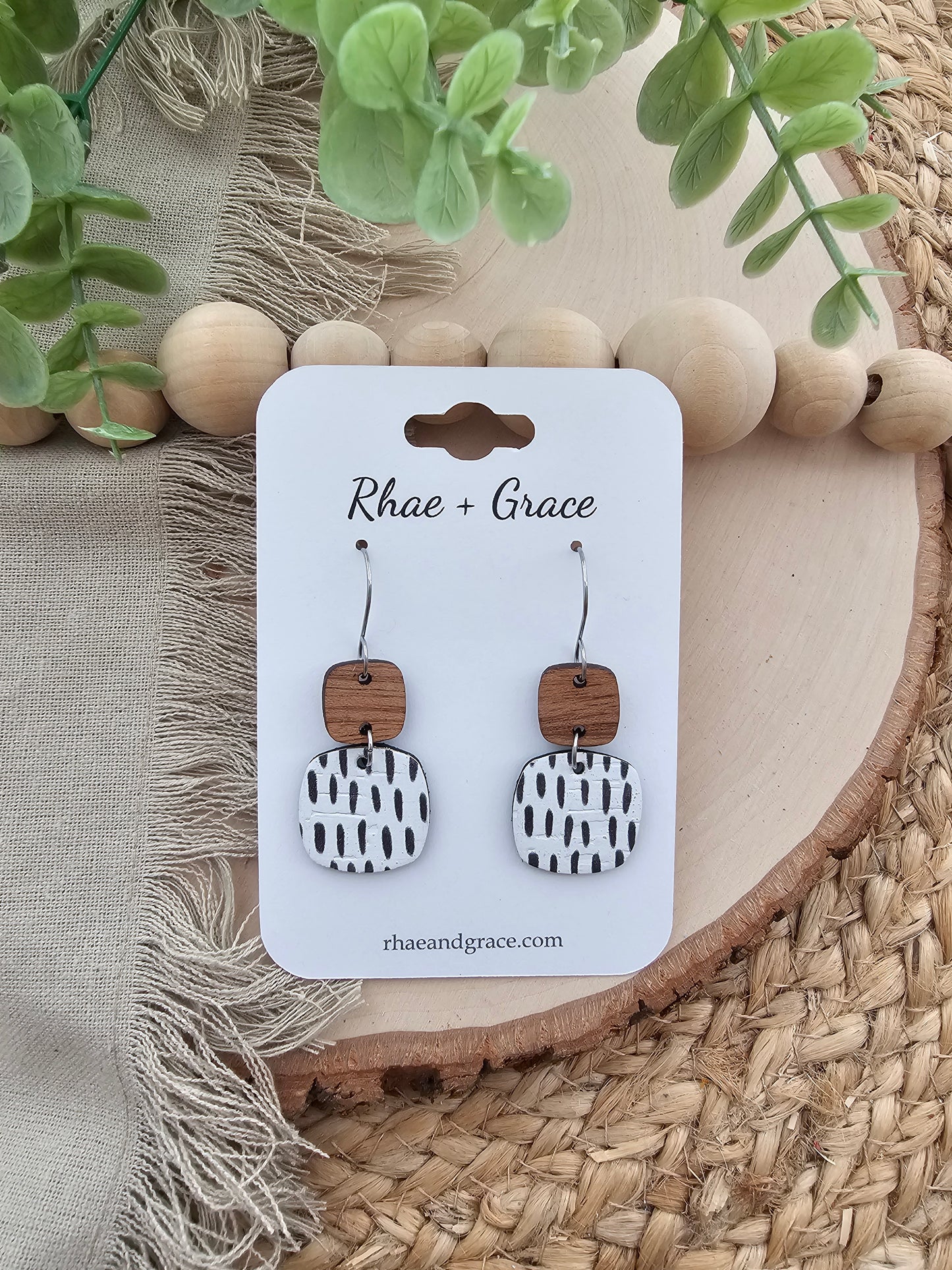 Black & White Dashes Rounded Square Earrings