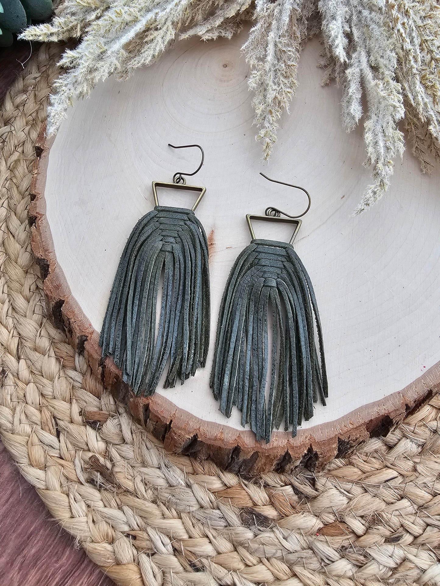 Olive Green Leather Woven Triangle Fringe Statement Earrings