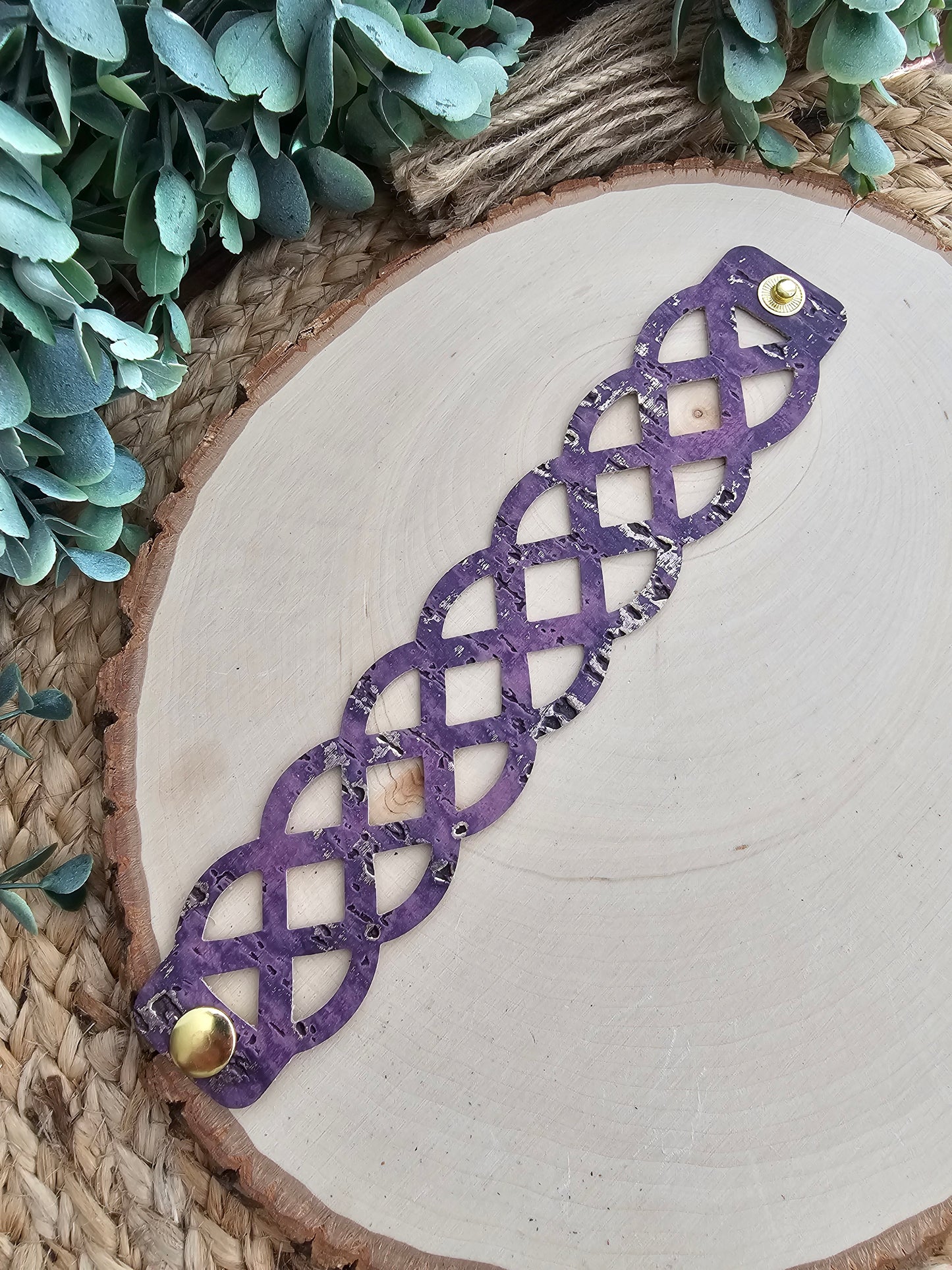 Lavender Purple & Gold Rustic Lattice Leather Bracelet