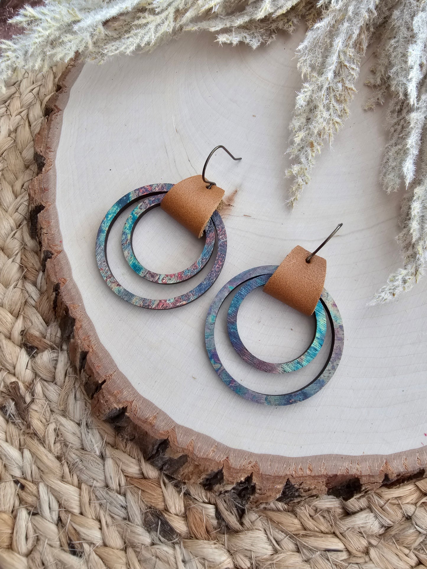 Rustic Leather & Wood Hoop Earrings