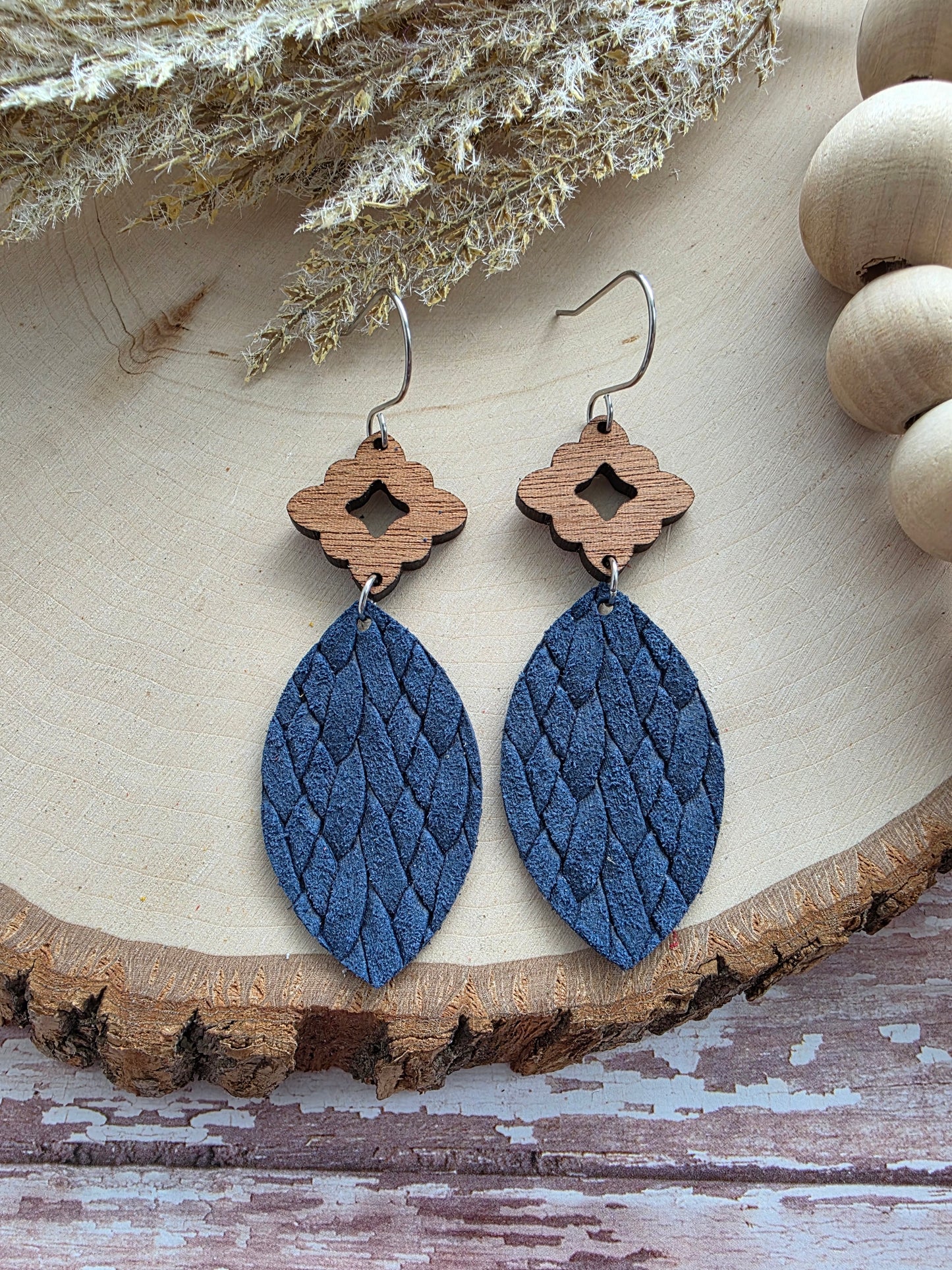 Navy Blue Leather Leaf Earrings