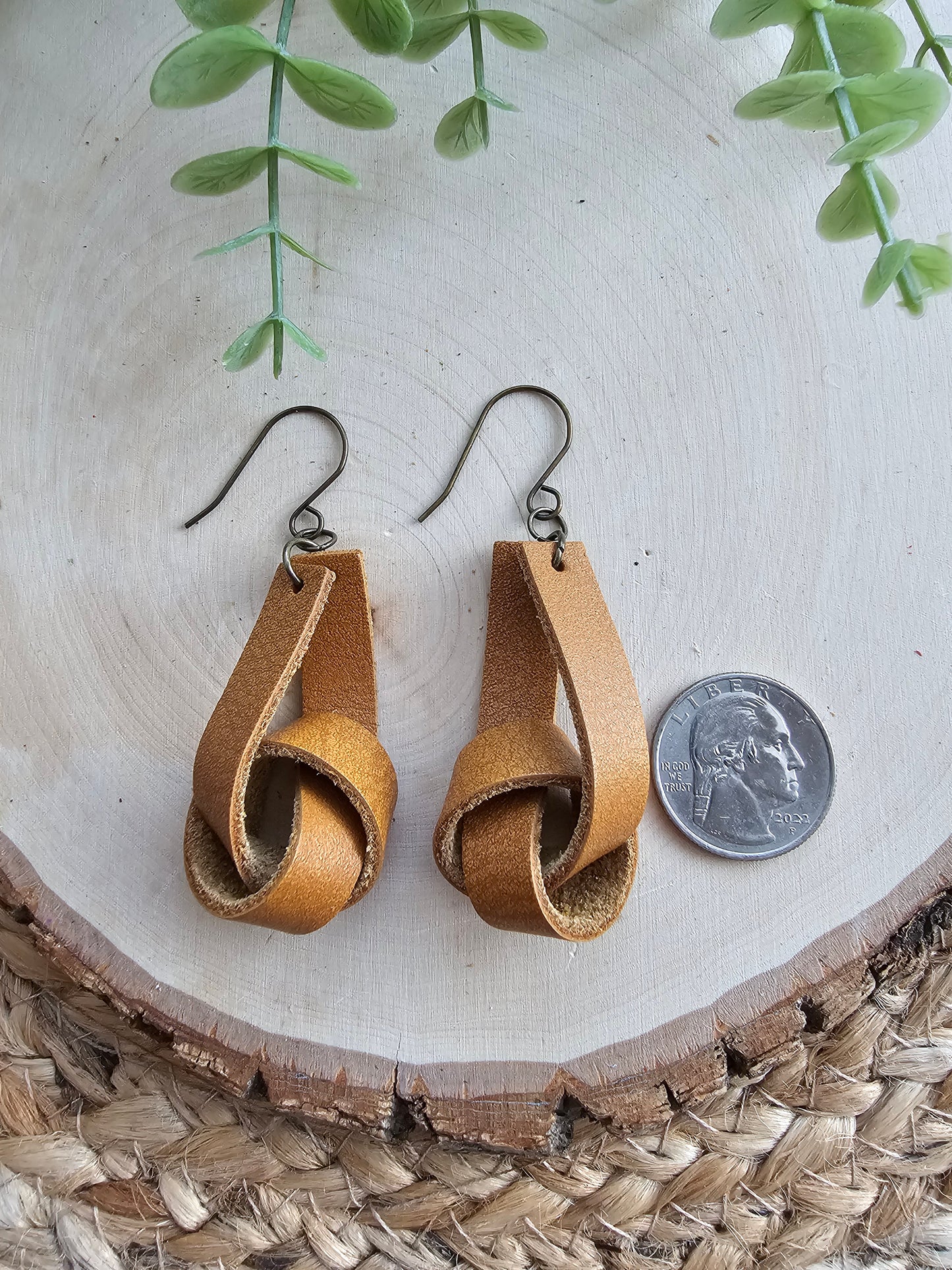 Honey Brown Wide Leather Knot Earrings