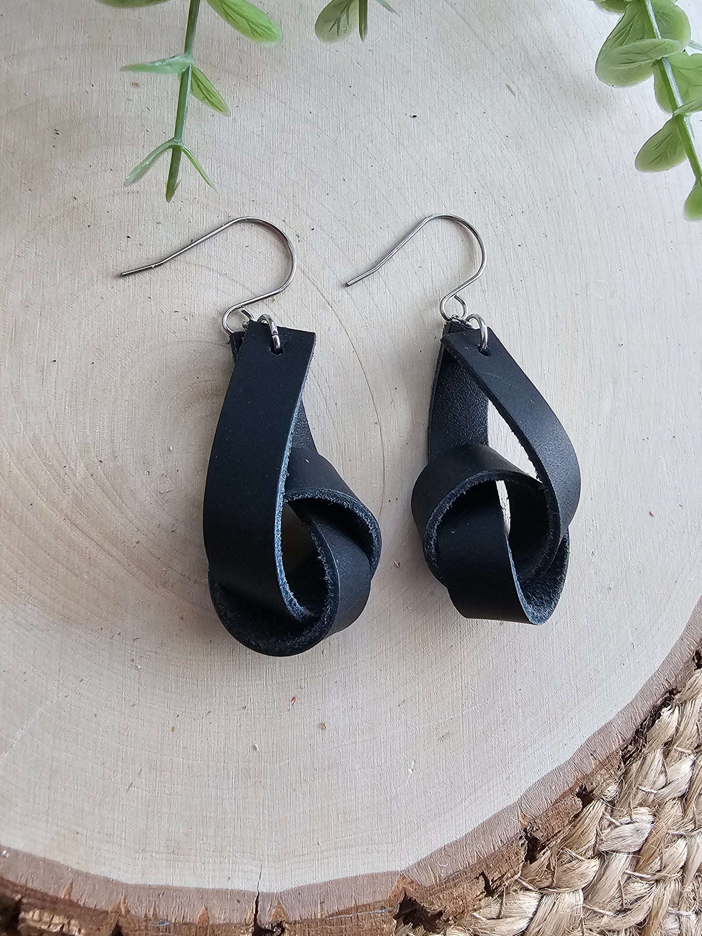 Black Wide Leather Knot Earrings