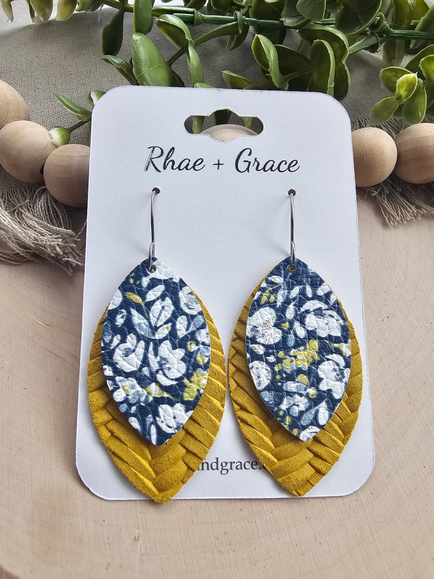 Navy, Mustard & White Poppies Layered Leaf Earrings