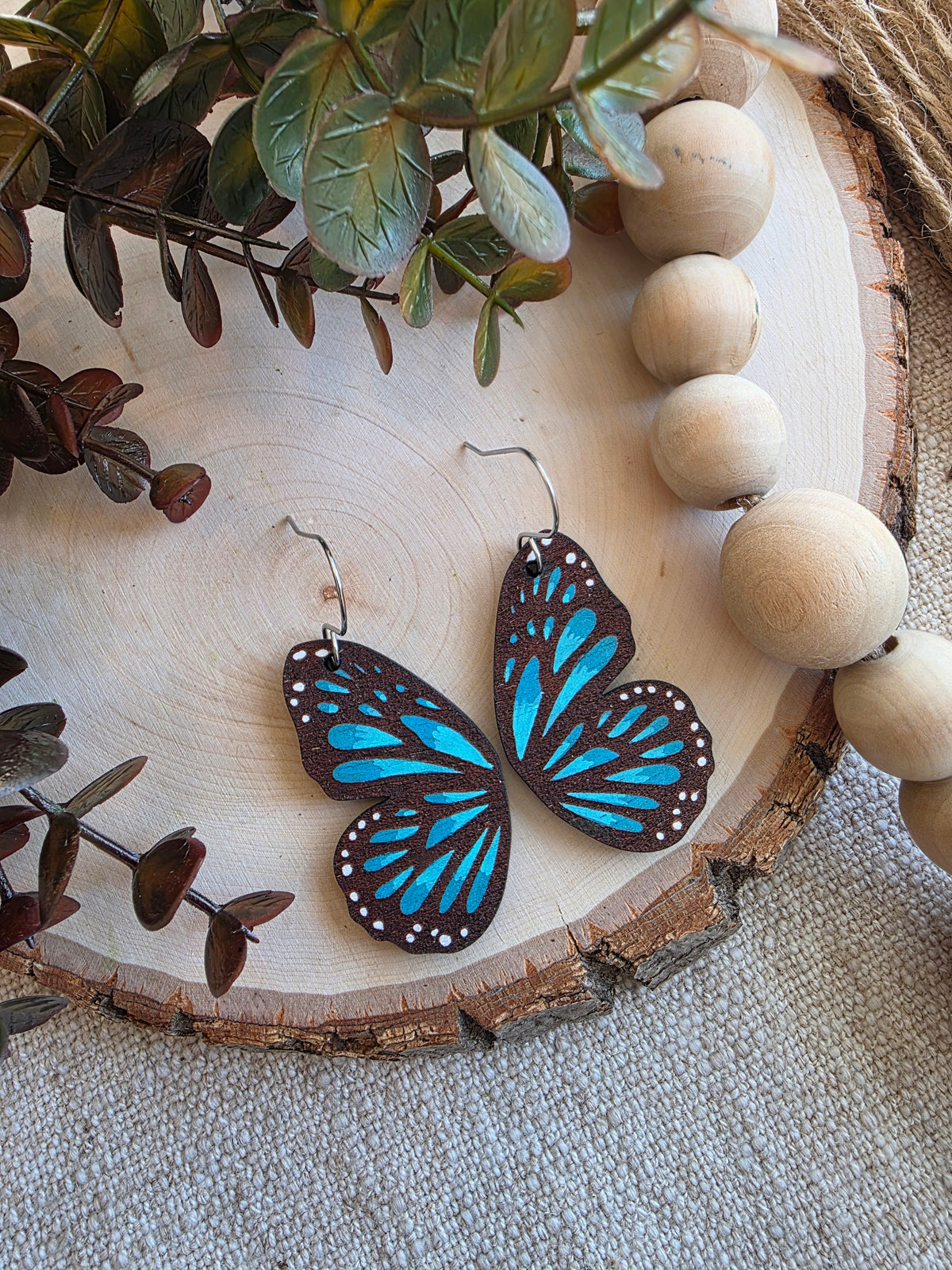 Blue Morpho Butterfly Wing Wood Earrings