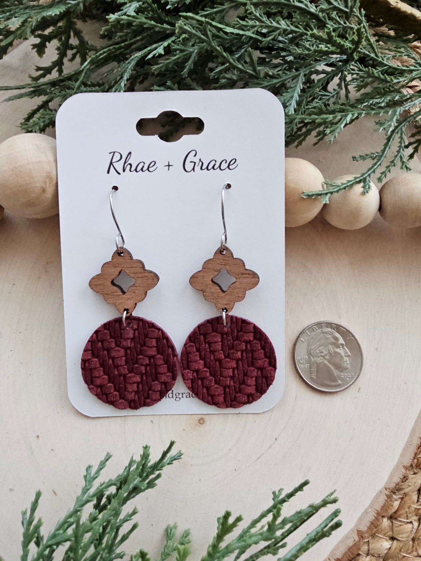 Wine Knit Circle Drop Earrings