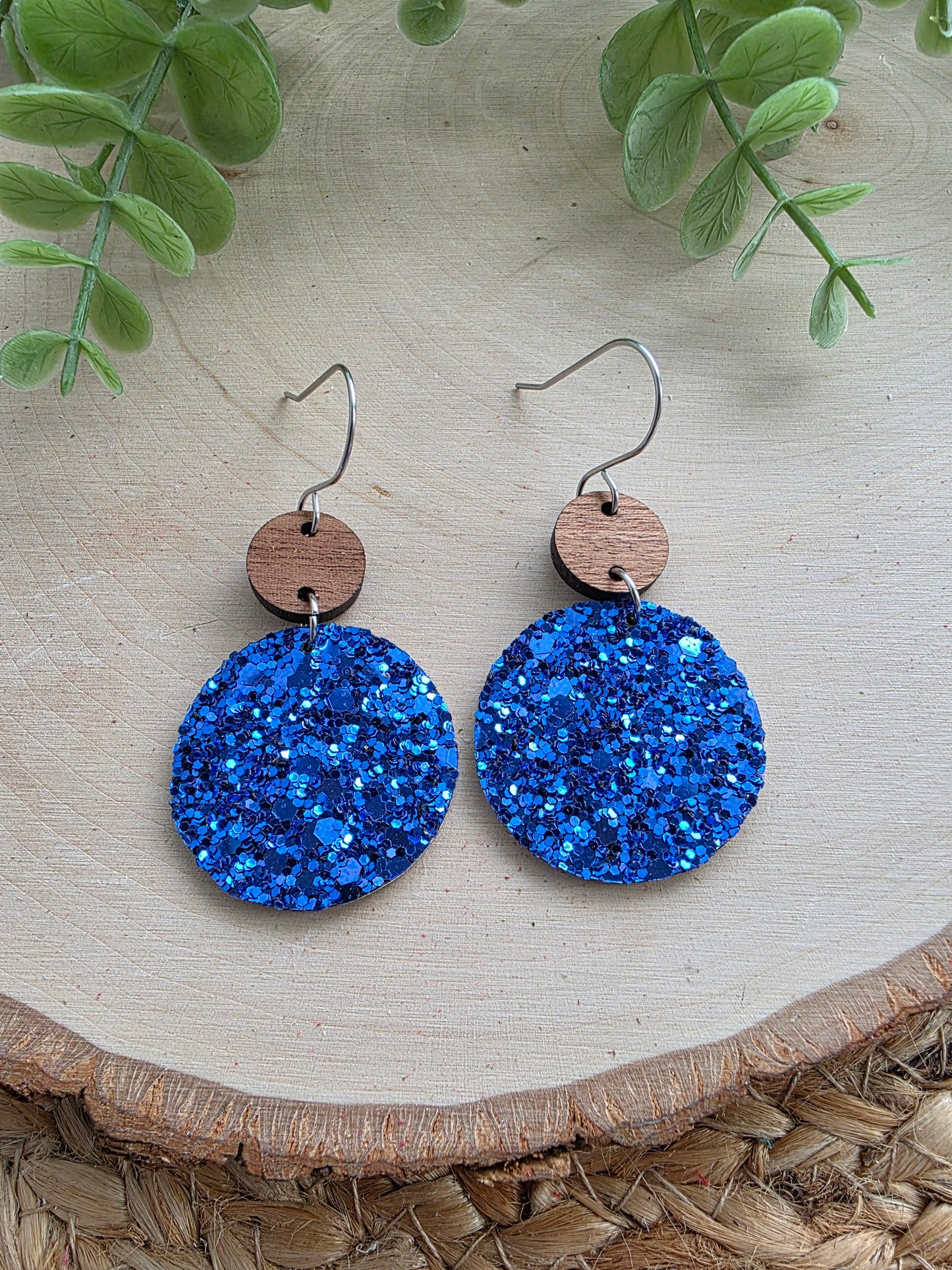 Royal Blue Glitter Circle Drop Earrings