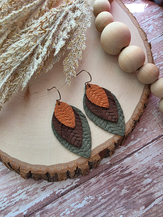 Green & Brown Layered Fringe Feather Earrings