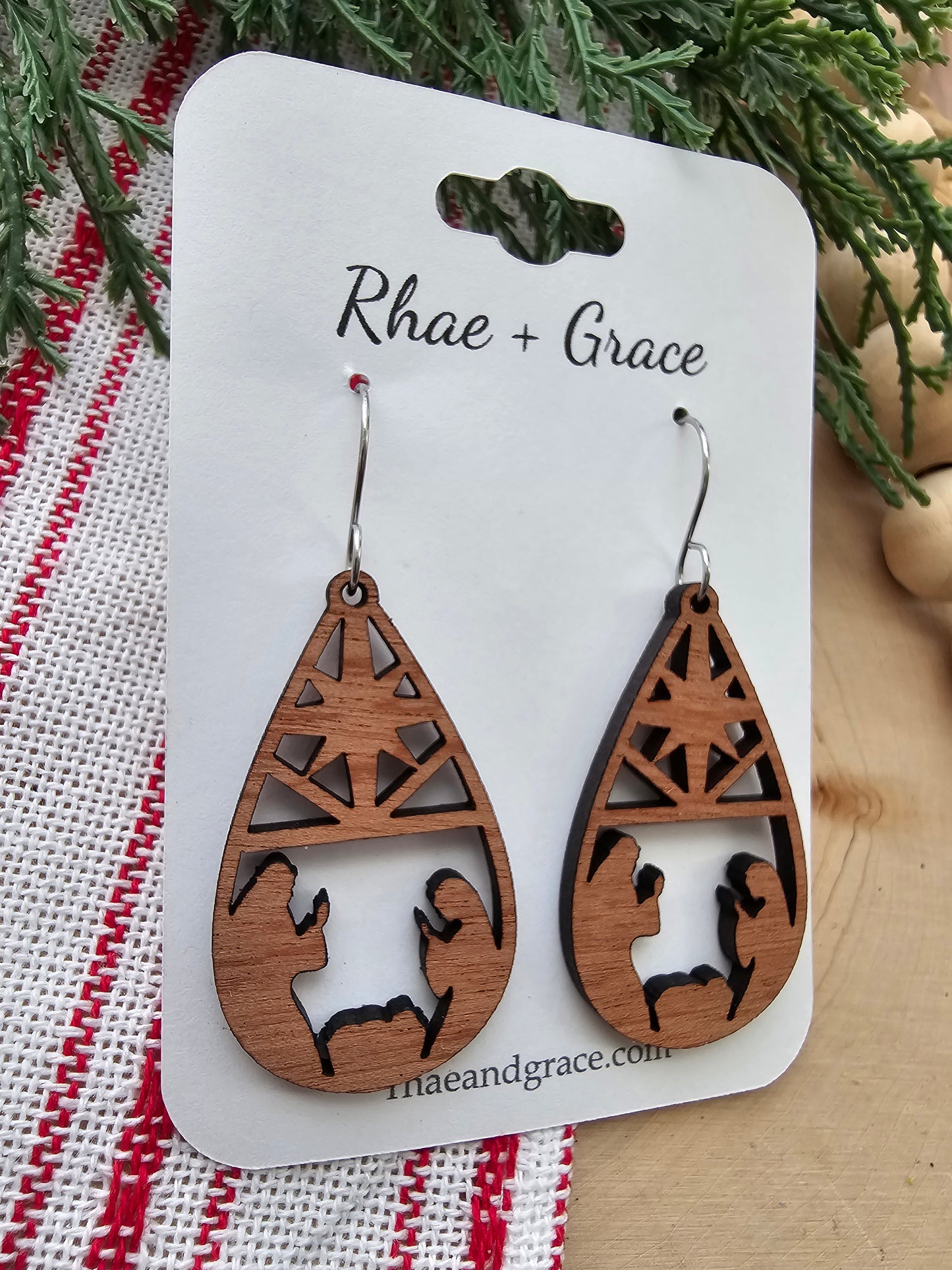 Nativity Silhouette Wood Teardrop Earrings