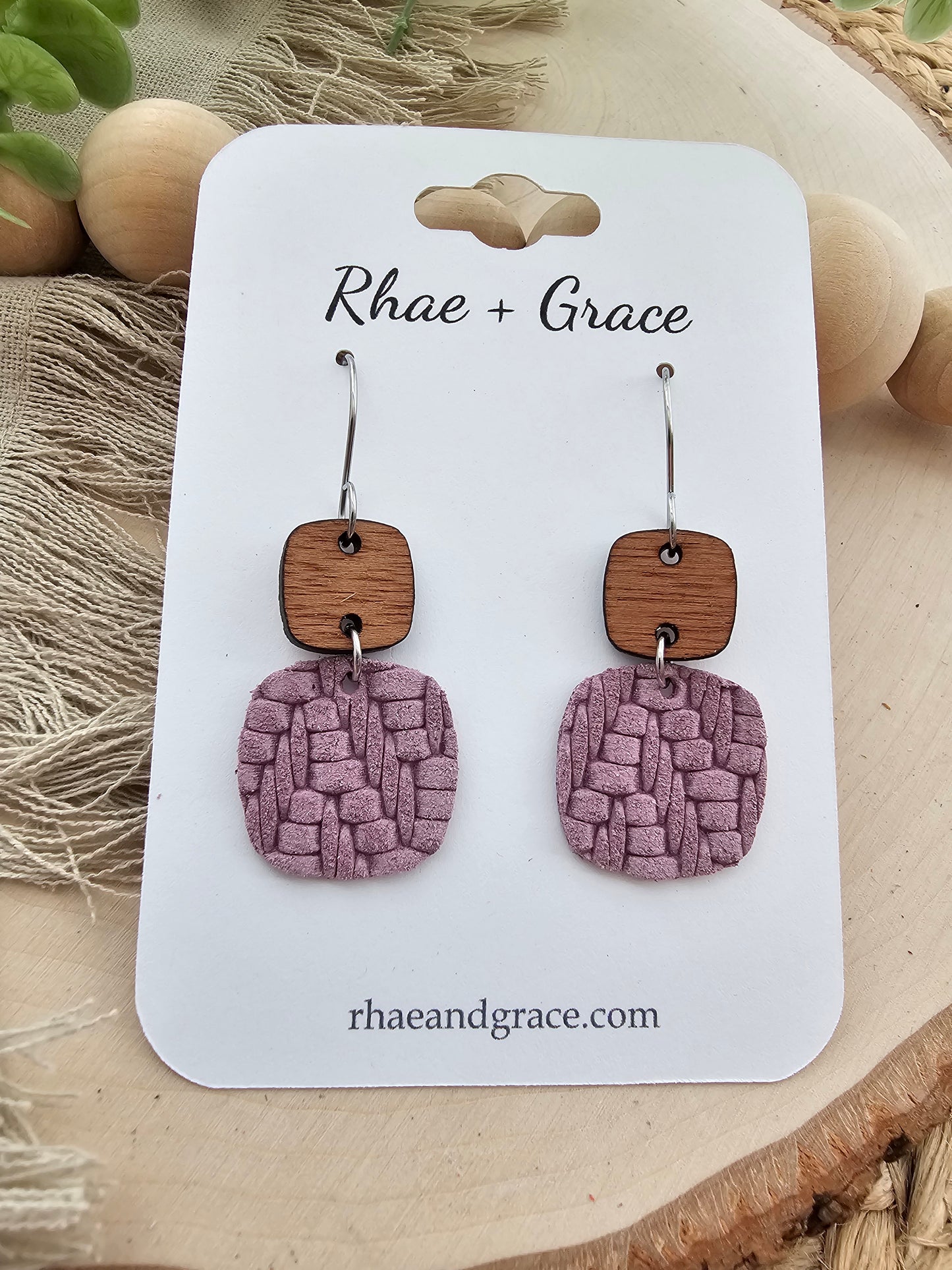 Lavender Purple Knit Embossed Braid Rounded Square Earrings