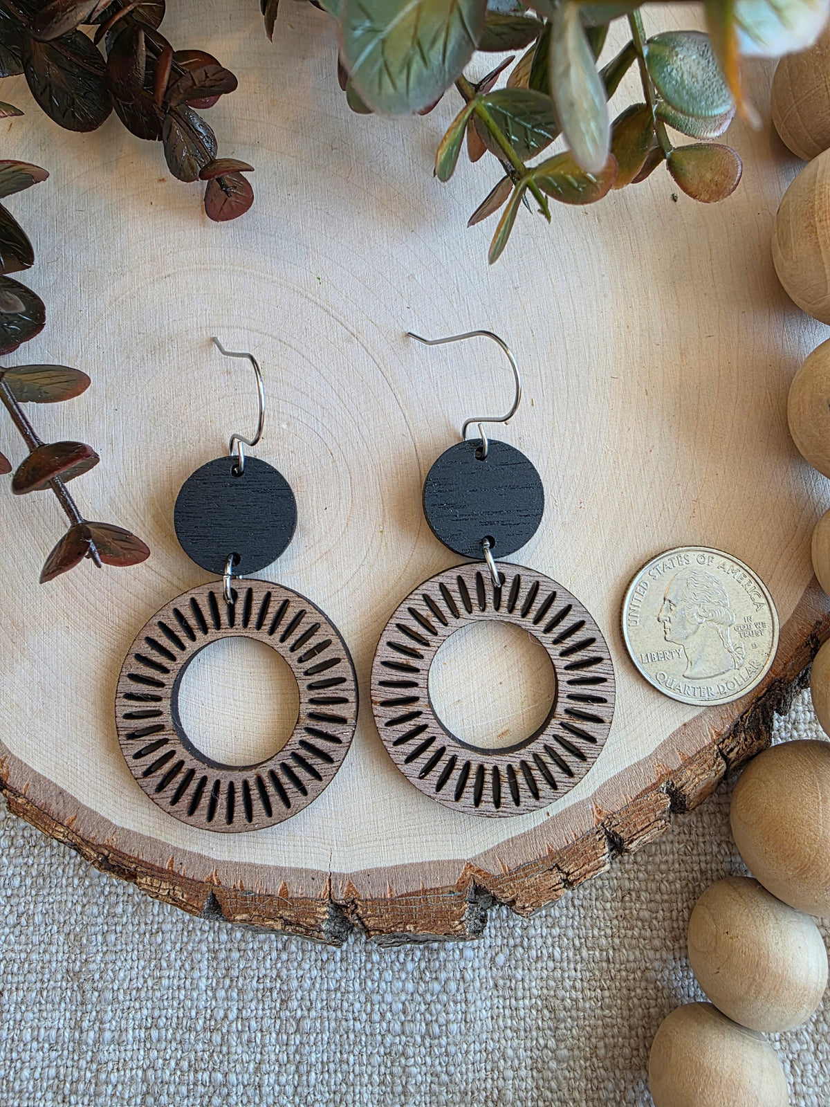 Wood Sunburst Hoop Earrings