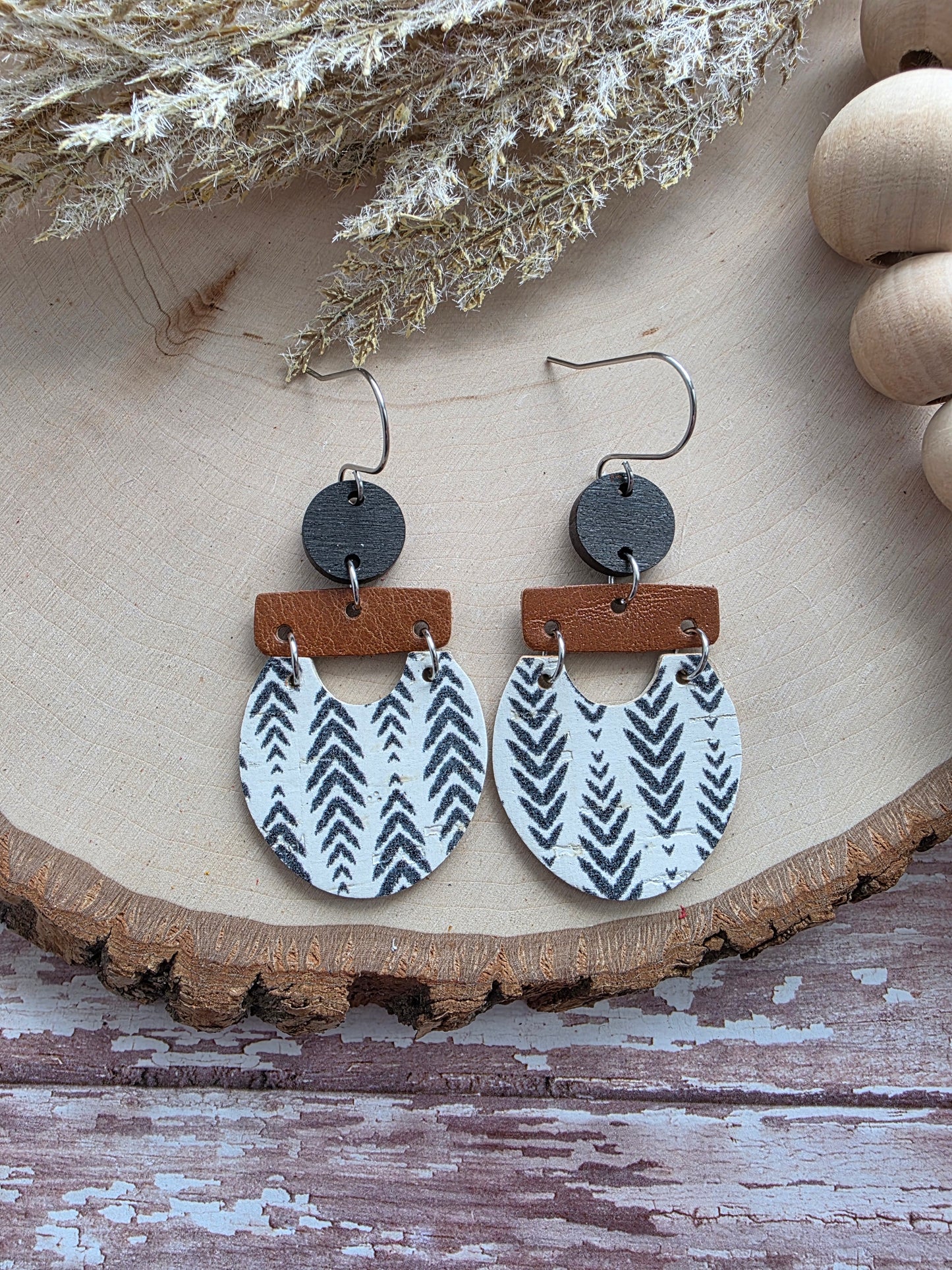 Boho Black, White & Brown Herringbone Earrings