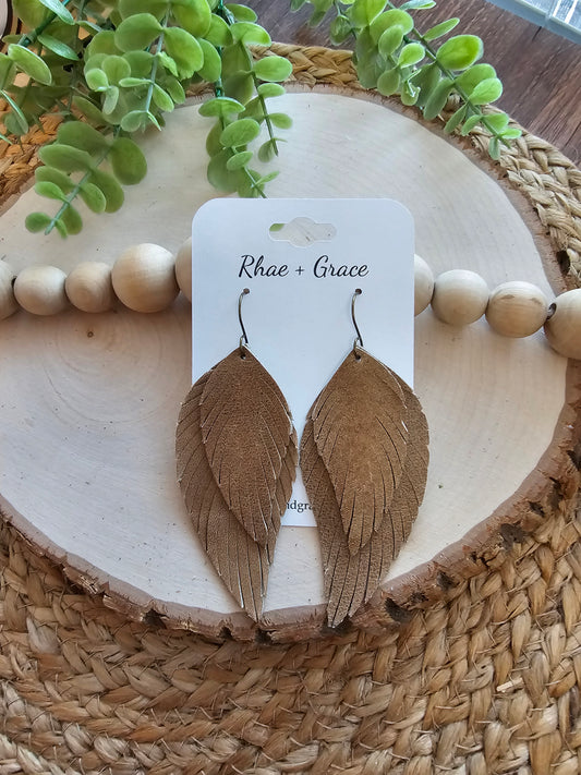 Camel Brown Boho Fringe Feather Earrings