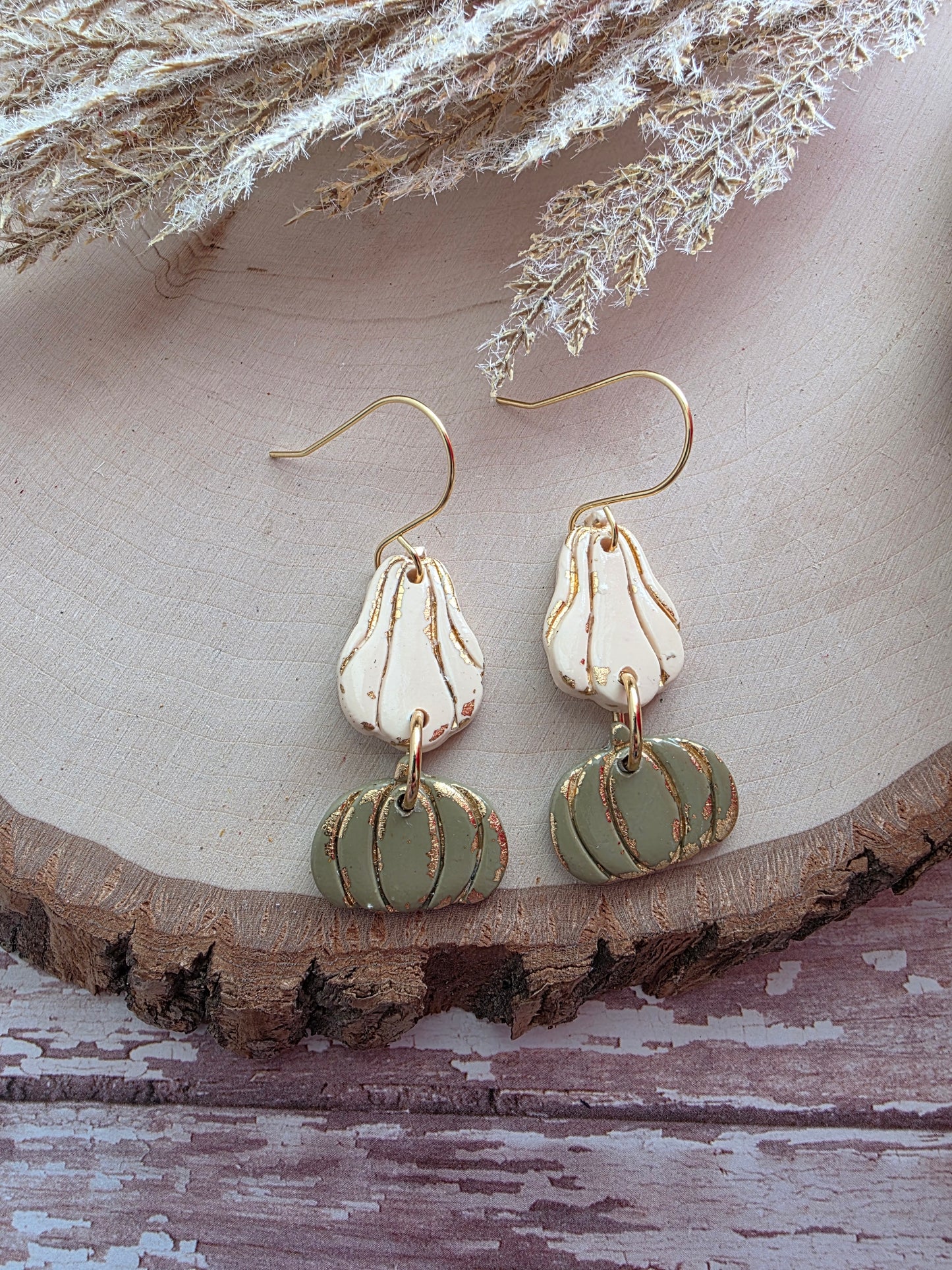 Cream & Green Stacked Goard Earrings - Polymer Clay