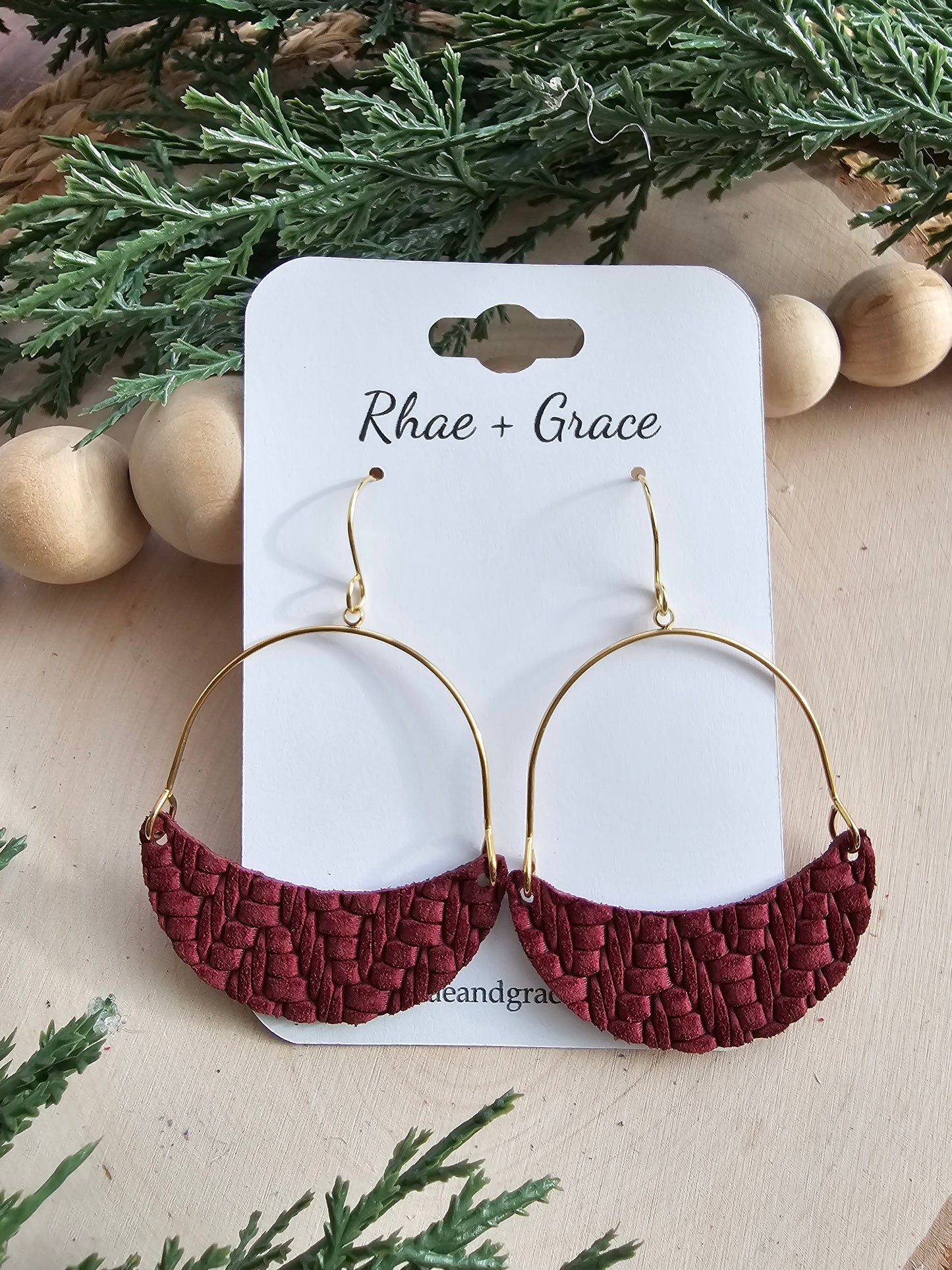 Wine Knit Embossed Crescent Hoop Leather Earrings