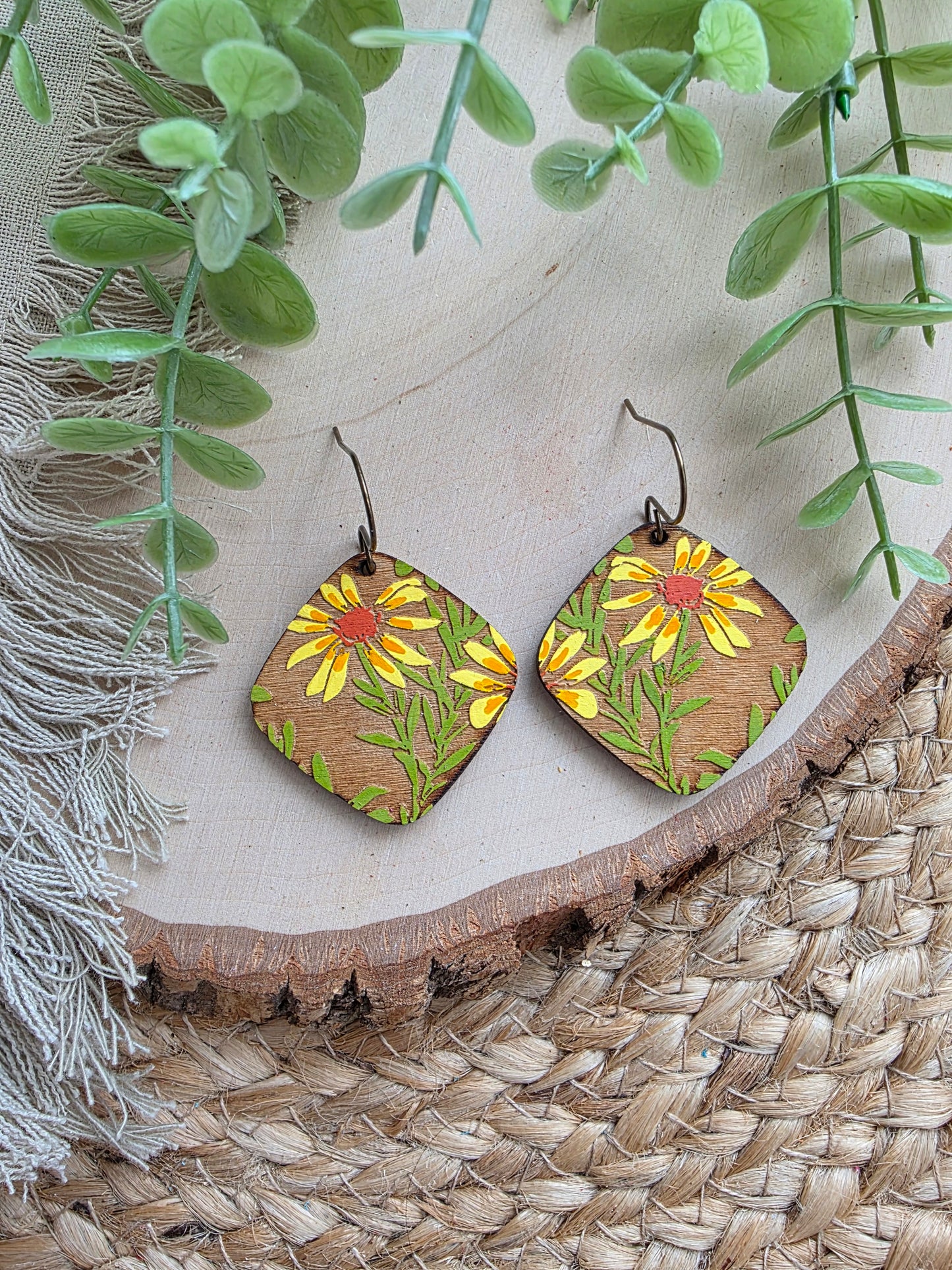 Handpainted Floral Wood Earrings