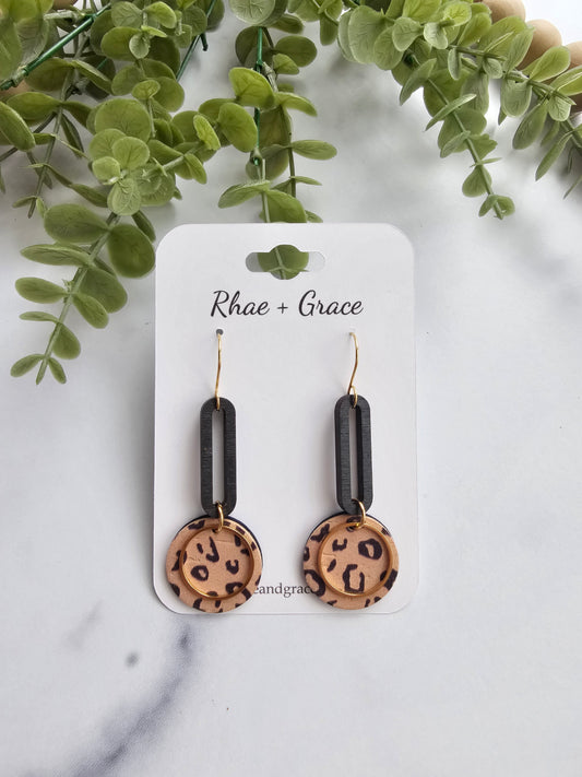 Tan & Black Leopard Print Gold Round Drop Earrings