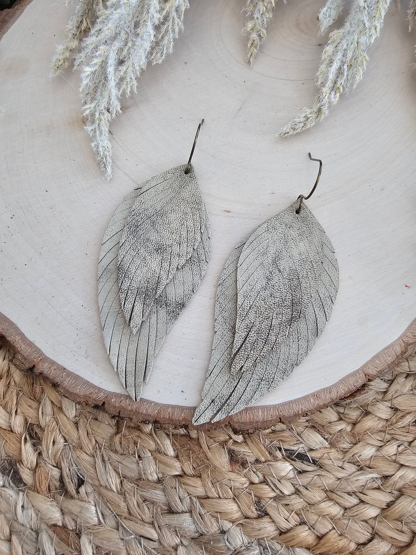 Distressed Tan Boho Fringe Feather Earrings