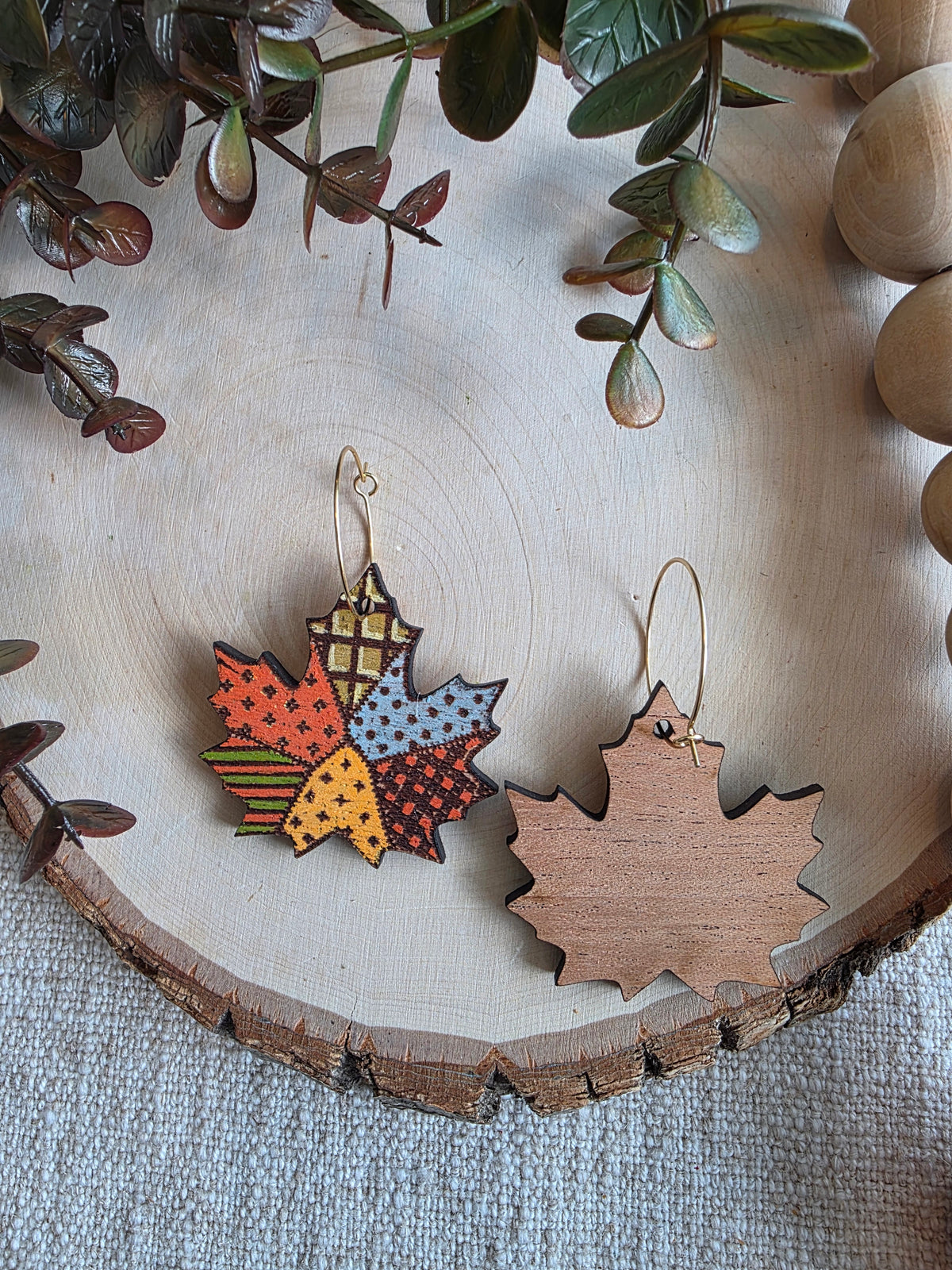 Patchwork Maple Leaf Wood Earrings - Orange