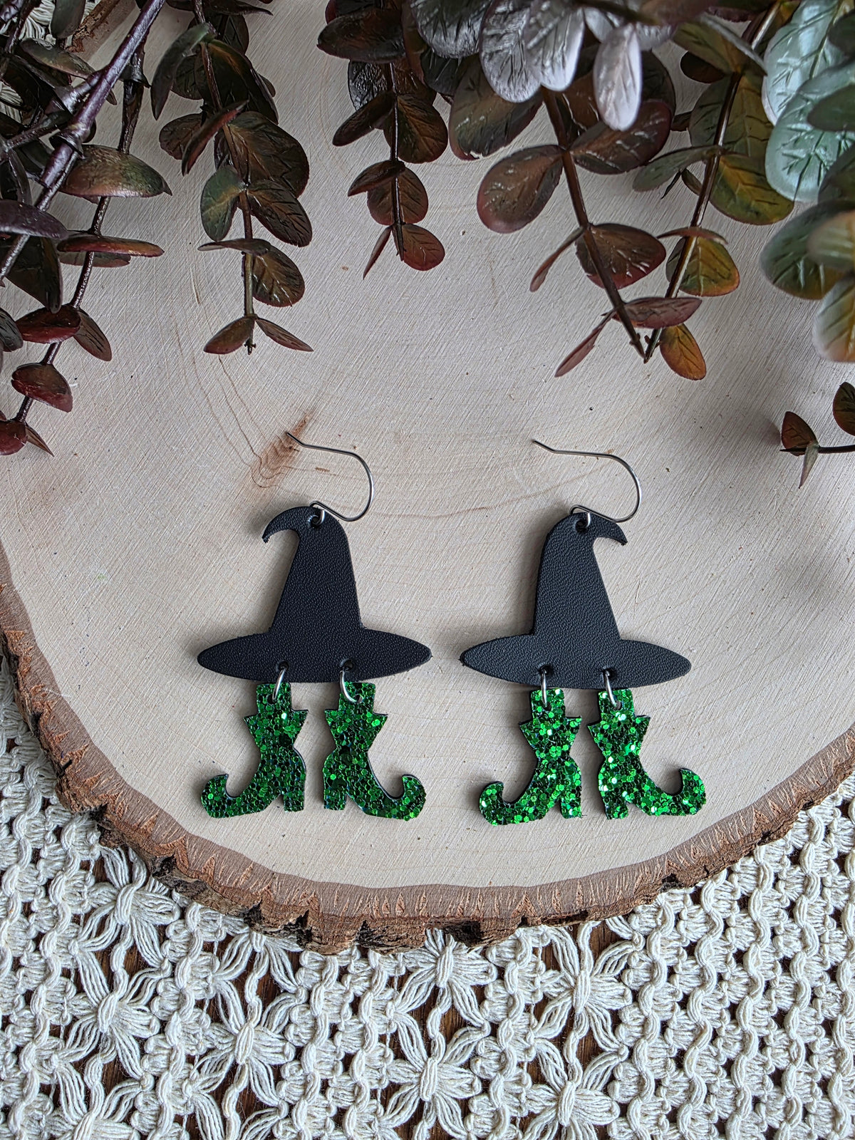 Witch Hat with Green Glitter Boots Earrings