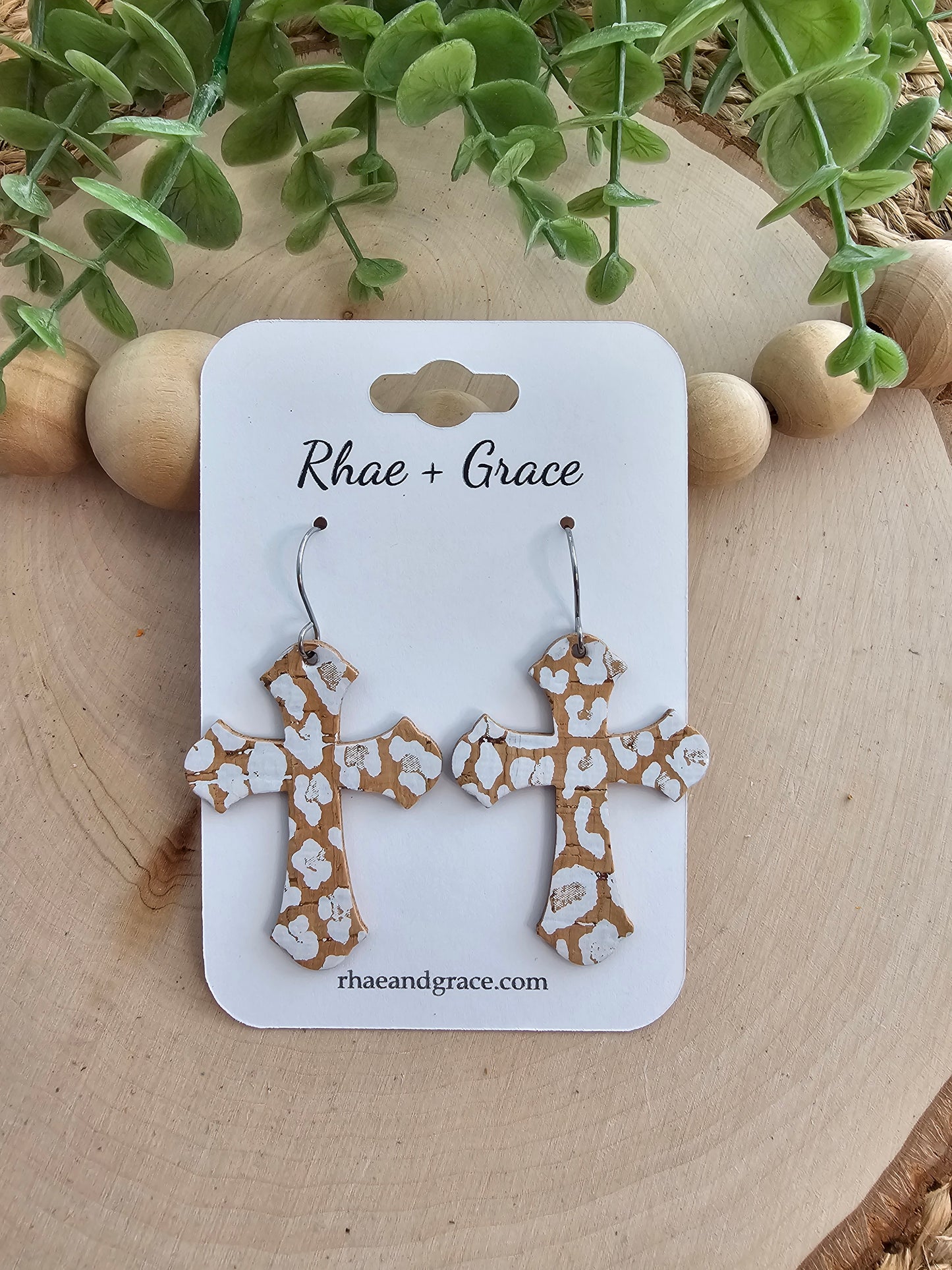 White Leopard Print Cross Earrings