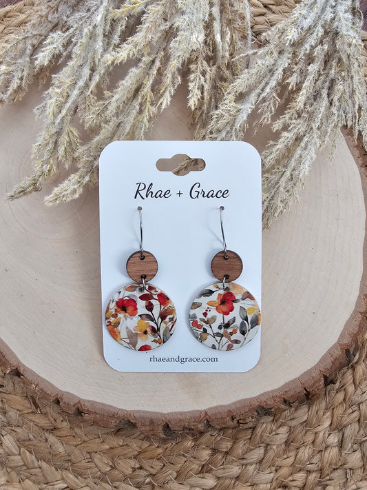 Autumn Watercolor Floral Circle Drop Earrings