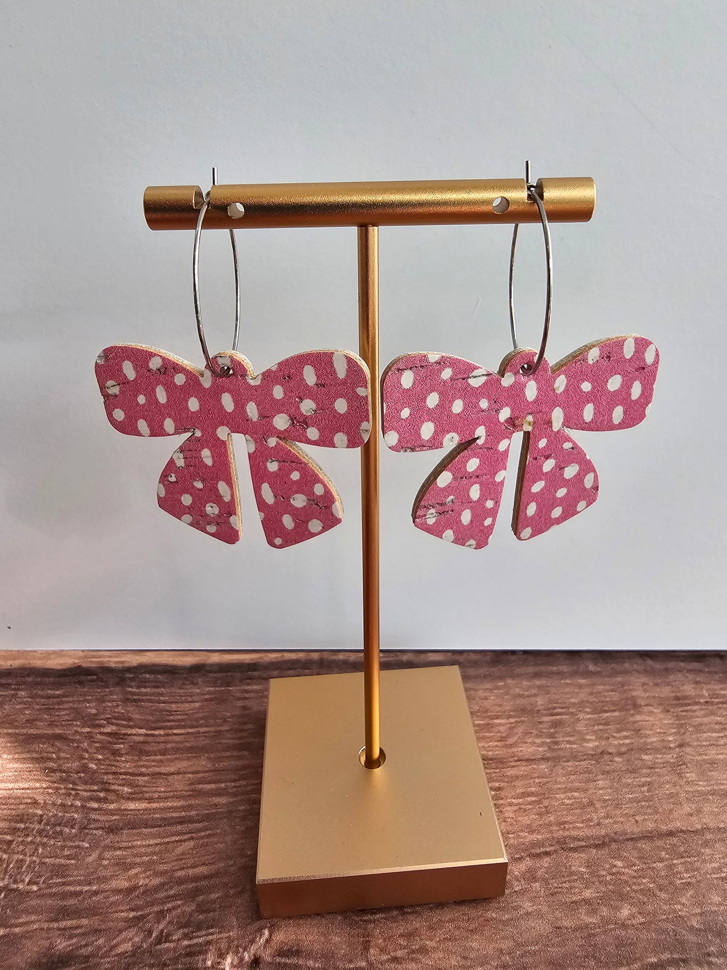 Pink & White Dotted Bow Earrings